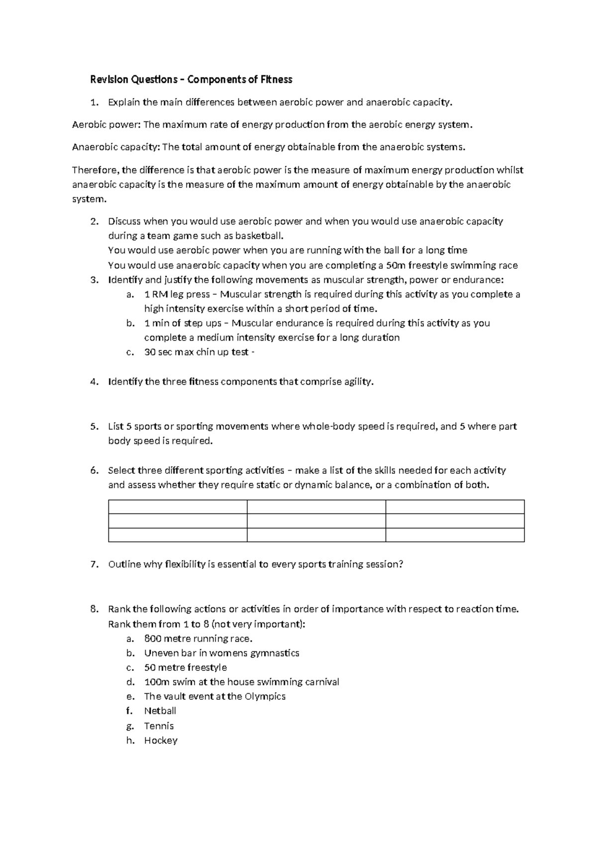 Components of Fitness - Revision Questions for PE 101 - Studocu