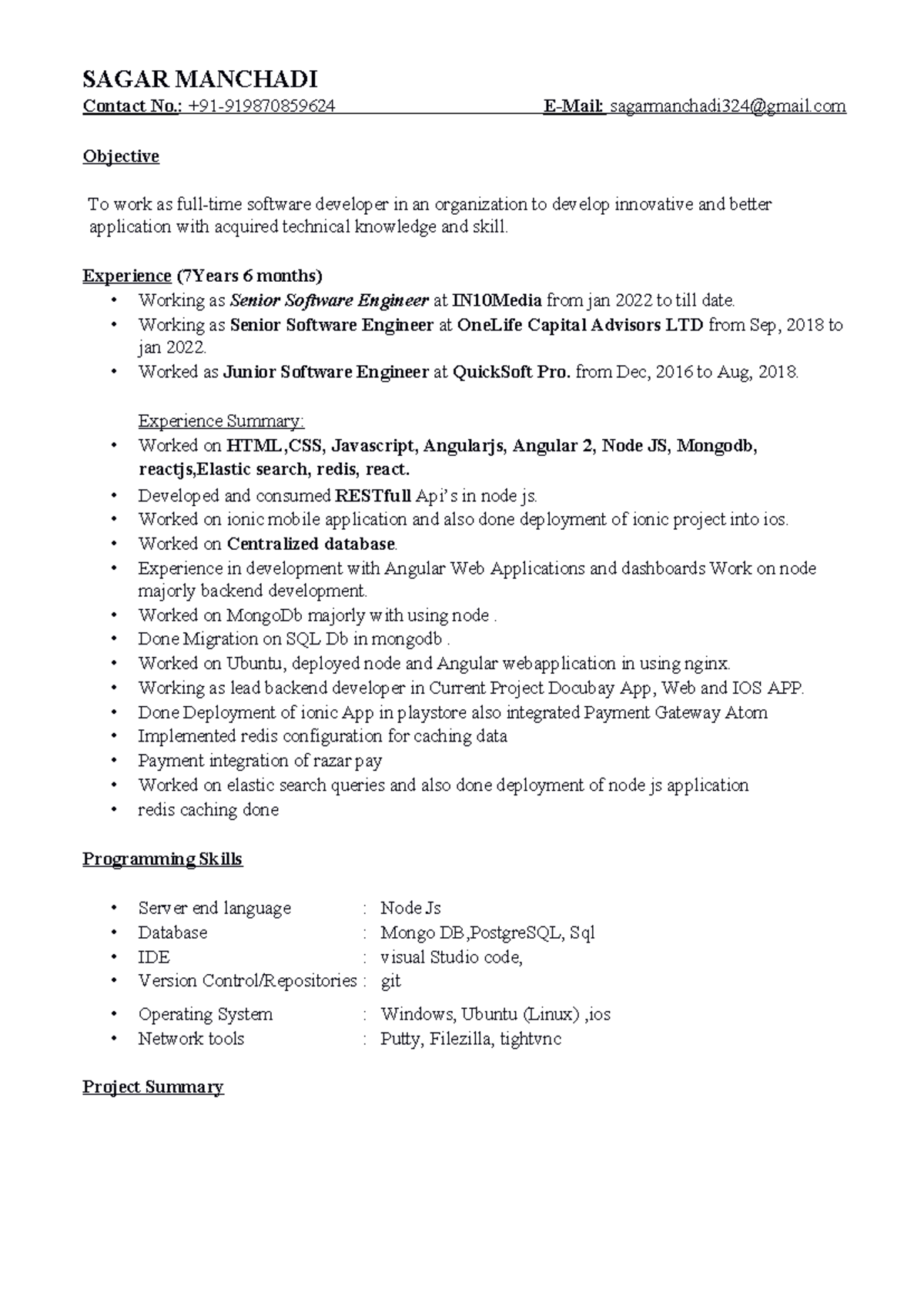 Resume - Sagar Manchadi - Software Developer with 7 Years Exp. - Studocu