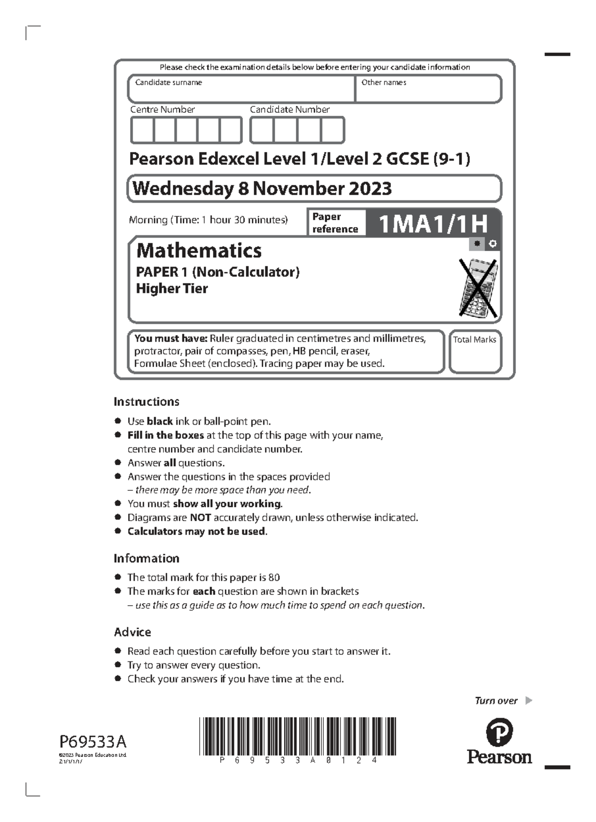 Mathematics Paper 1 Higher Tier Exam Details - GCSE 1H Nov 2023 - Studocu