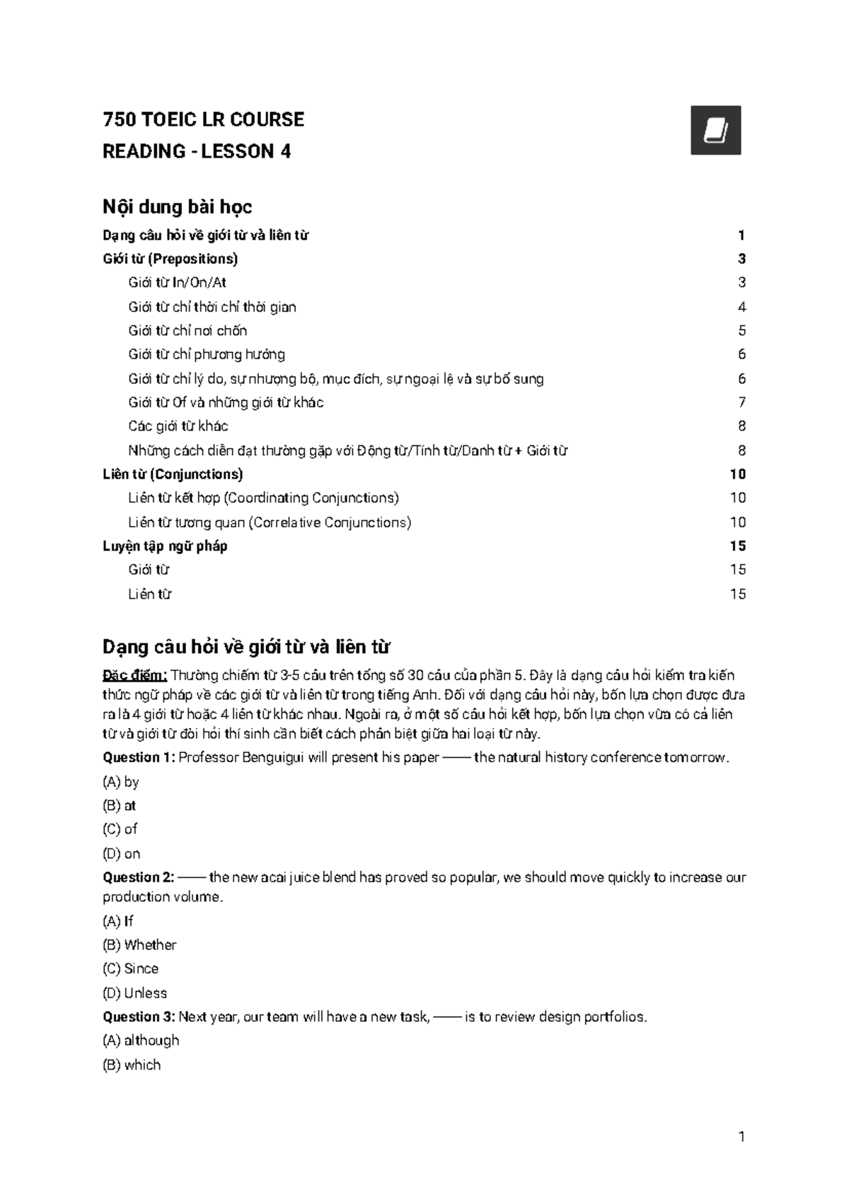 750 TOEIC LR Course: Reading Lesson 4 on Prepositions & Conjunctions ...