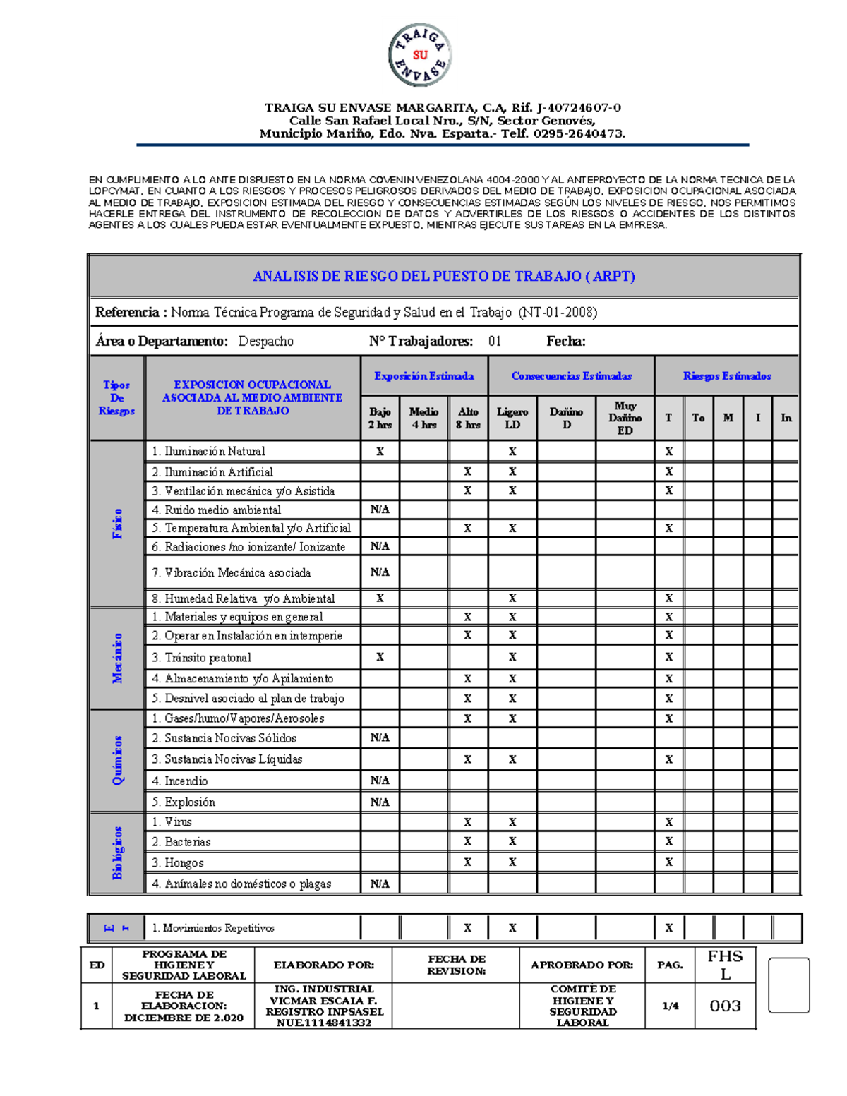 Análisis de Riesgo Laboral para Despachadores - Norma COVENIN 4004-2000 - Document Preview
