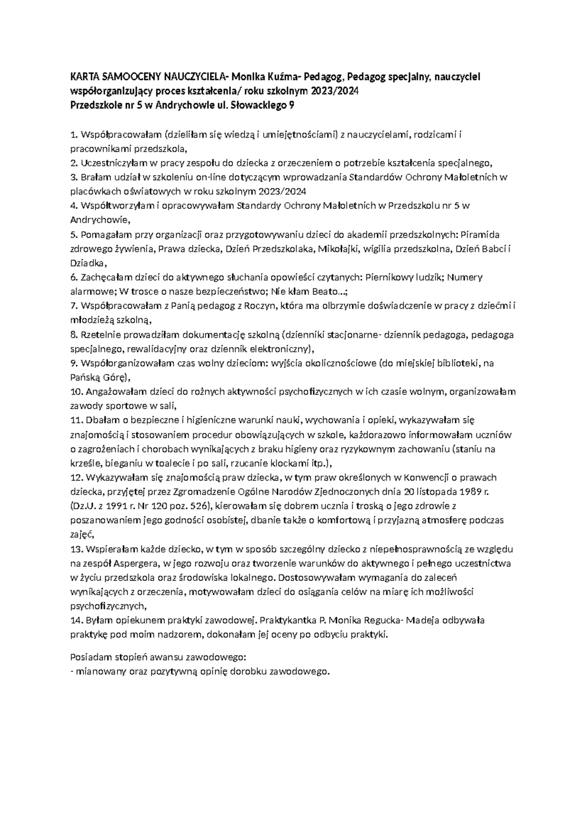 Wzor wniosku nauczyciela o dokonanie oceny jego pracy - - Studocu