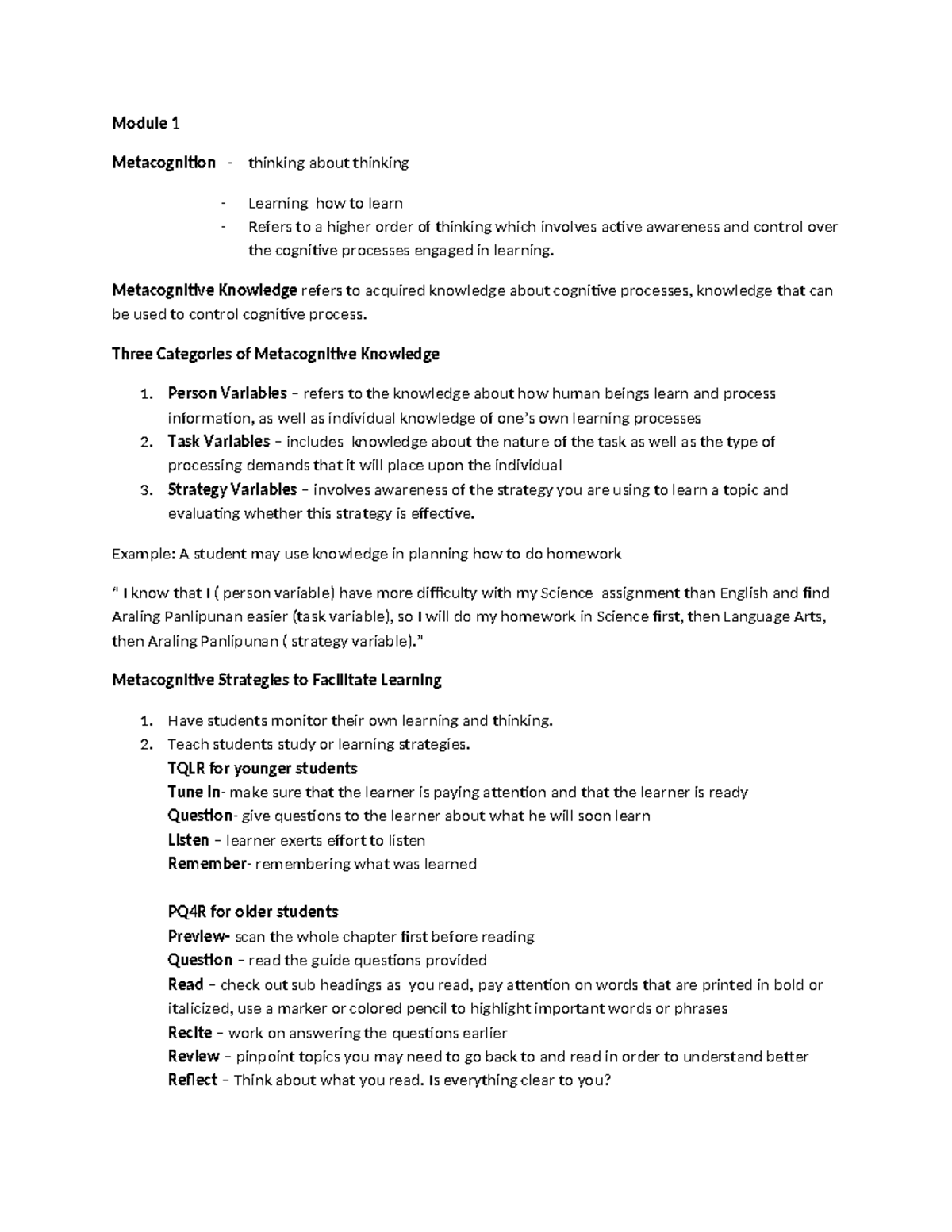 Module 1: Metacognition - Strategies for Effective Learning - Studocu