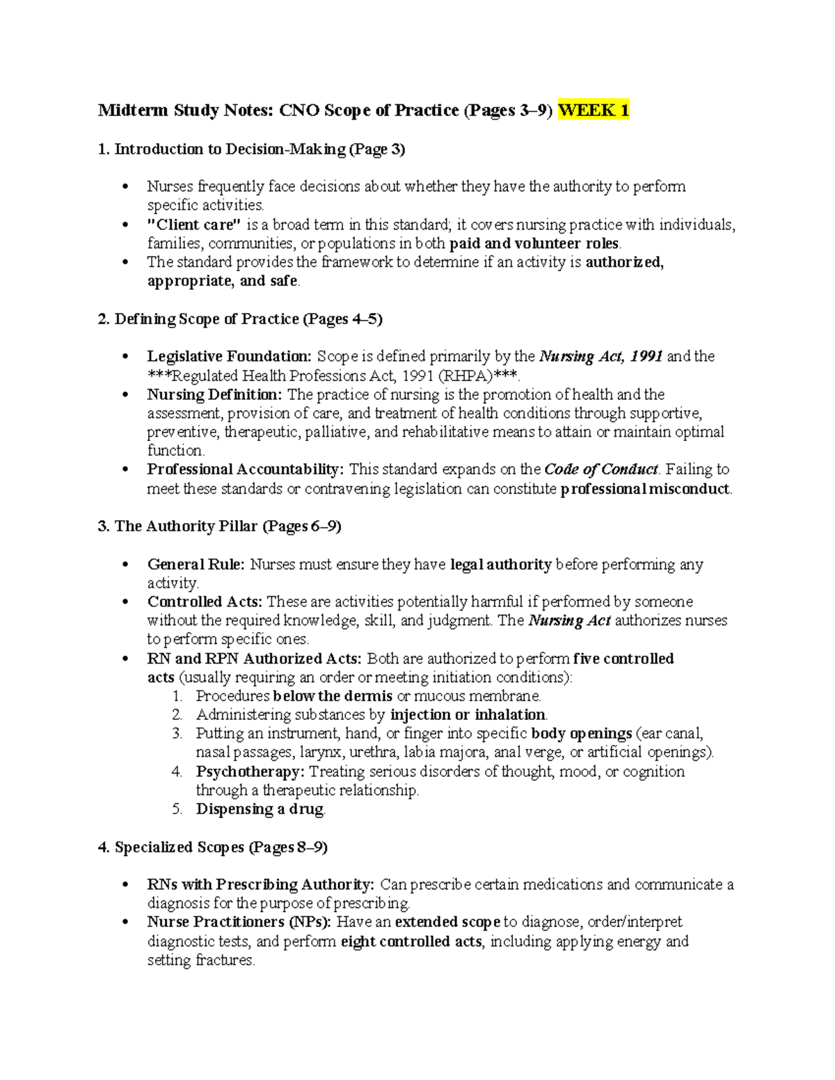 Midterm Study Notes: CNO Scope of Practice and Accountability - Studocu