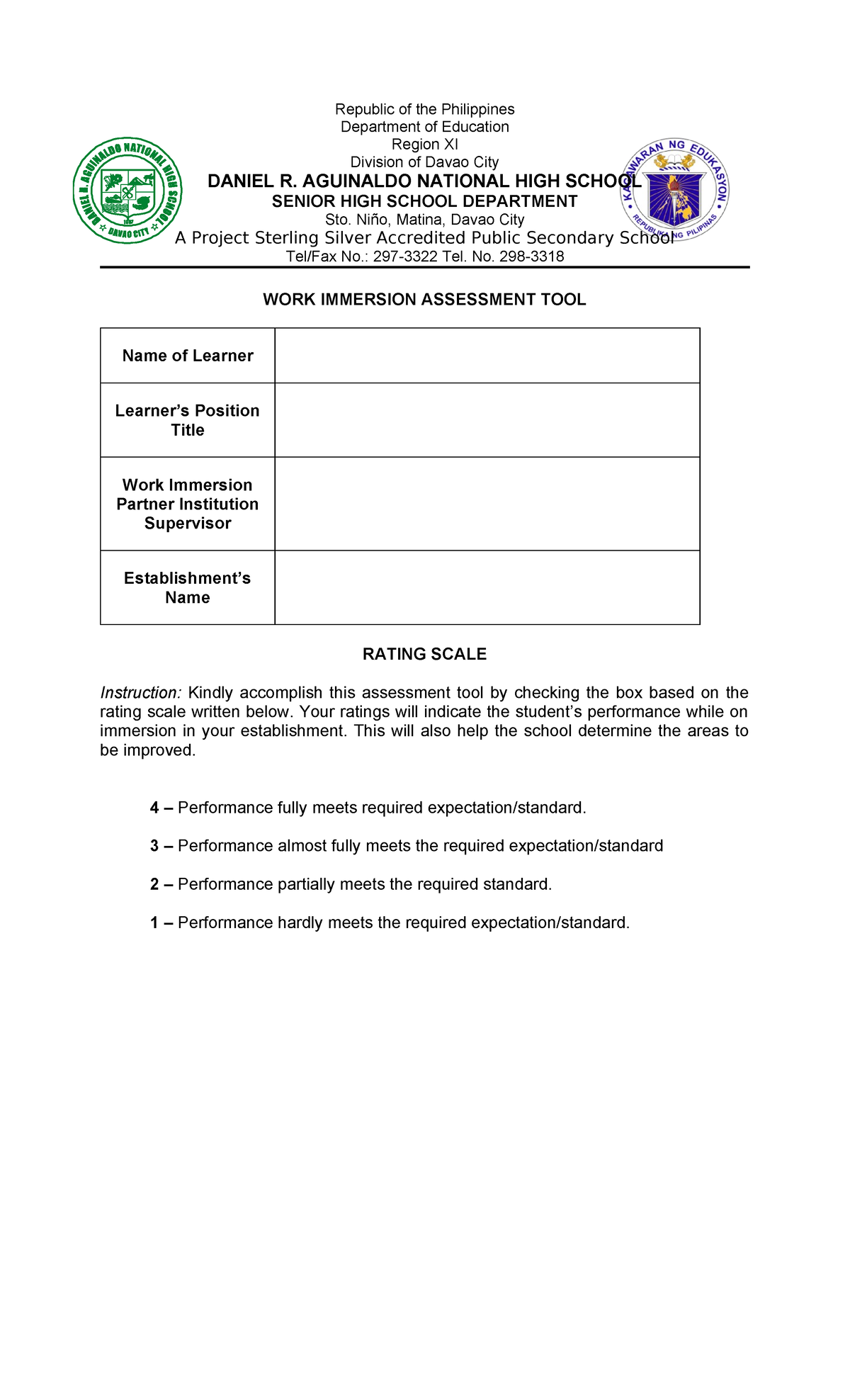 Work Immersion Assessment Tool - Davao City Senior High School - Studocu
