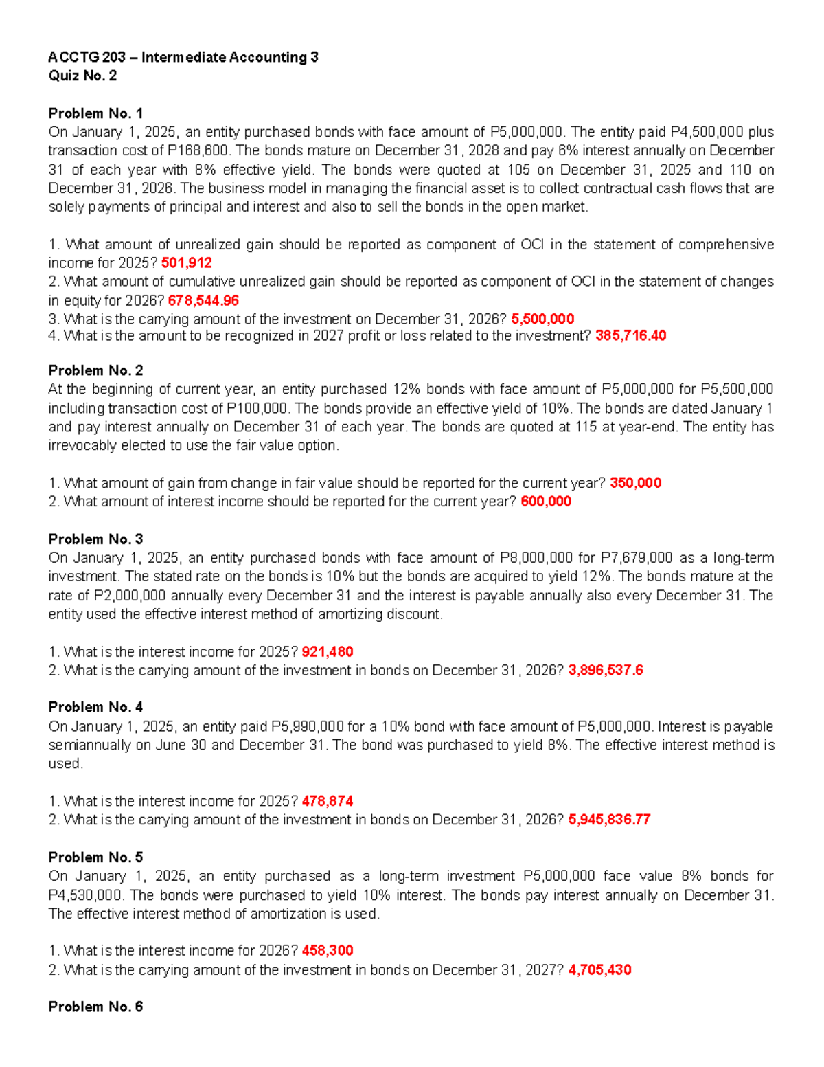 ACCTG 203 Intermediate Accounting 3 Quiz No. 2: Bonds Investment ...