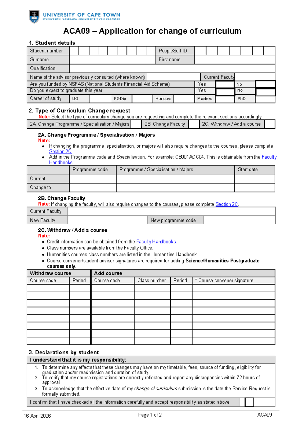 ACA09 Curriculum Change Application - Semester 2, 2026 - Studocu