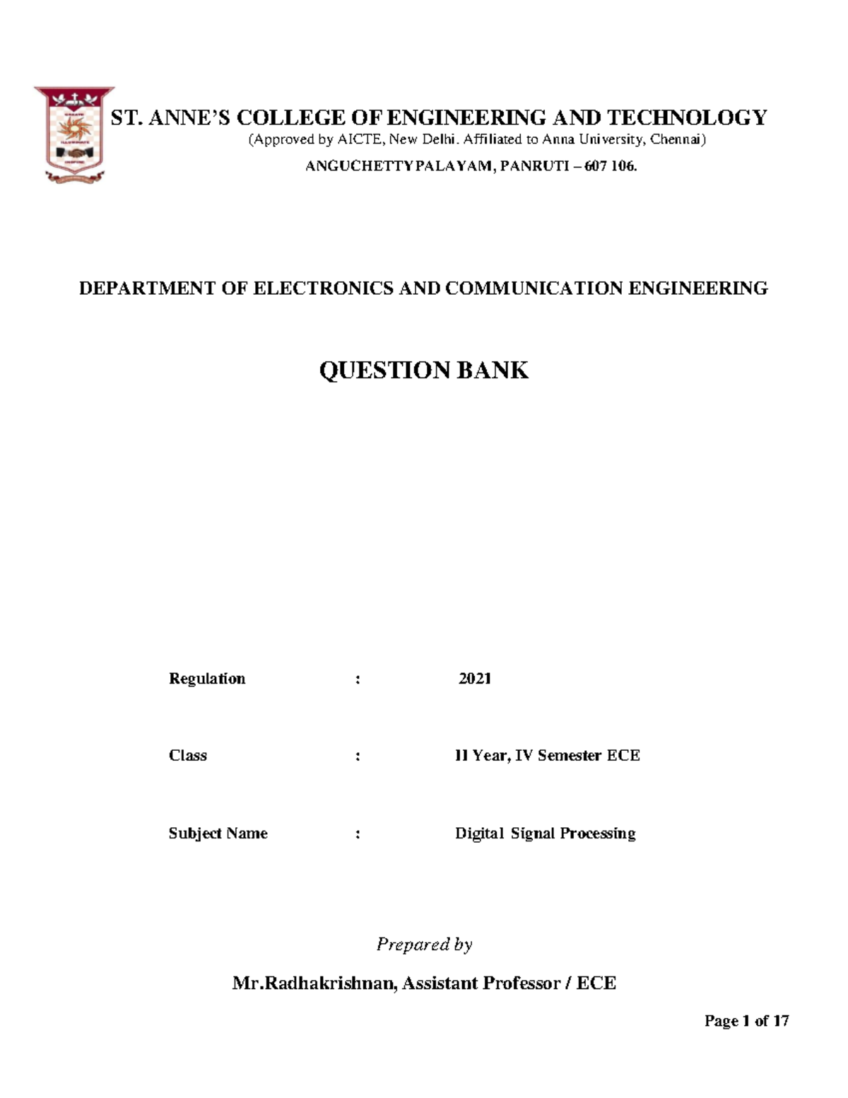 EC3492 - Digital Signal Processing Question Bank for 2nd Year ECE - Studocu