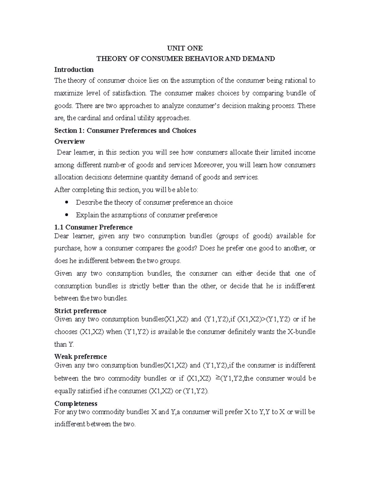 AAU Micro I Module: Consumer Behavior & Demand Theory Notes - Studocu