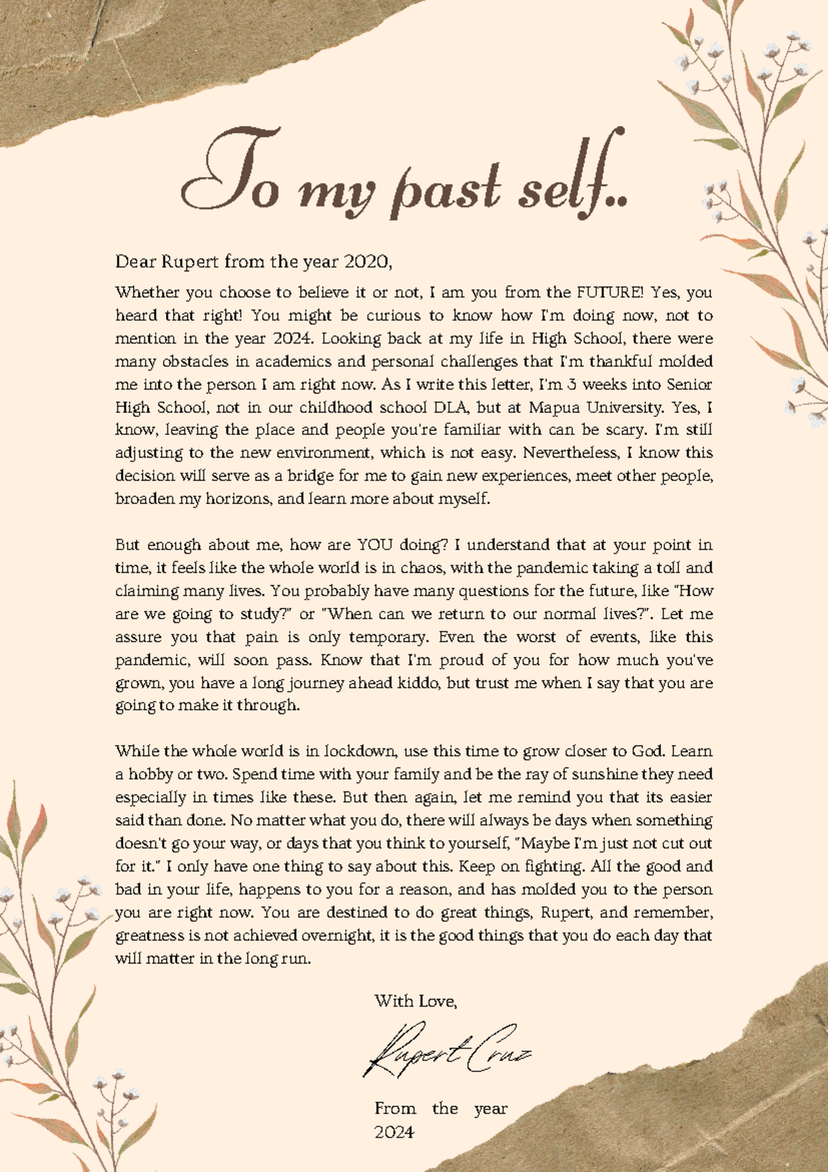 IS109 Reflections on Life Lessons: A Letter to My Past Self - Studocu