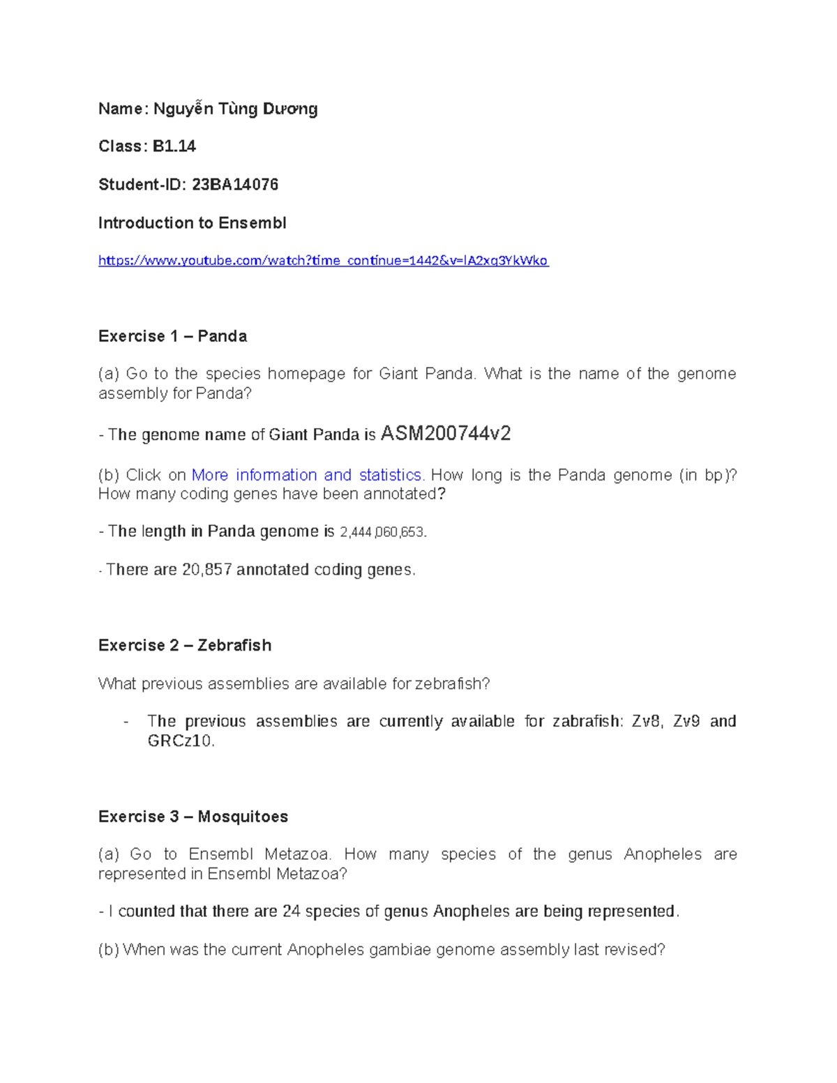Bioinformatics Practical Course: Ensembl Exercises for 23BA14076 - Studocu