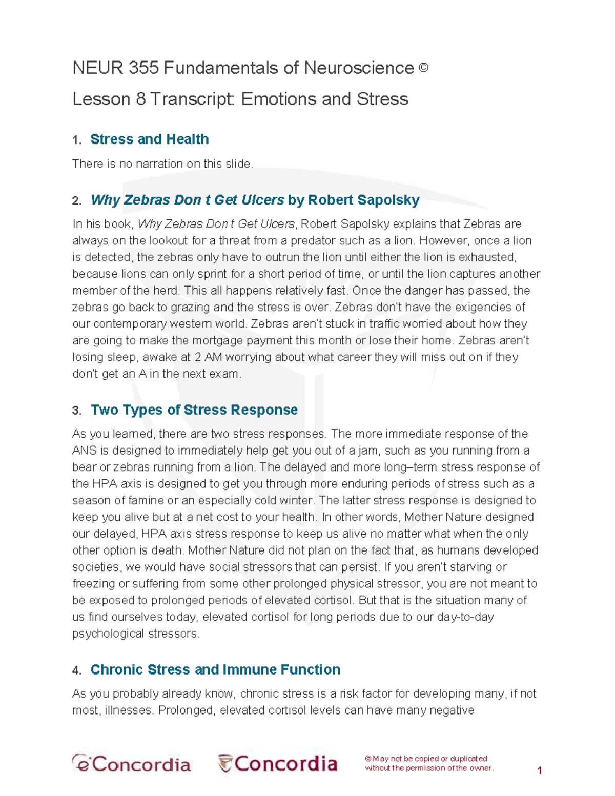 NEUR 355 Lesson 8 Transcript: Emotions, Stress, and Health Insights ...