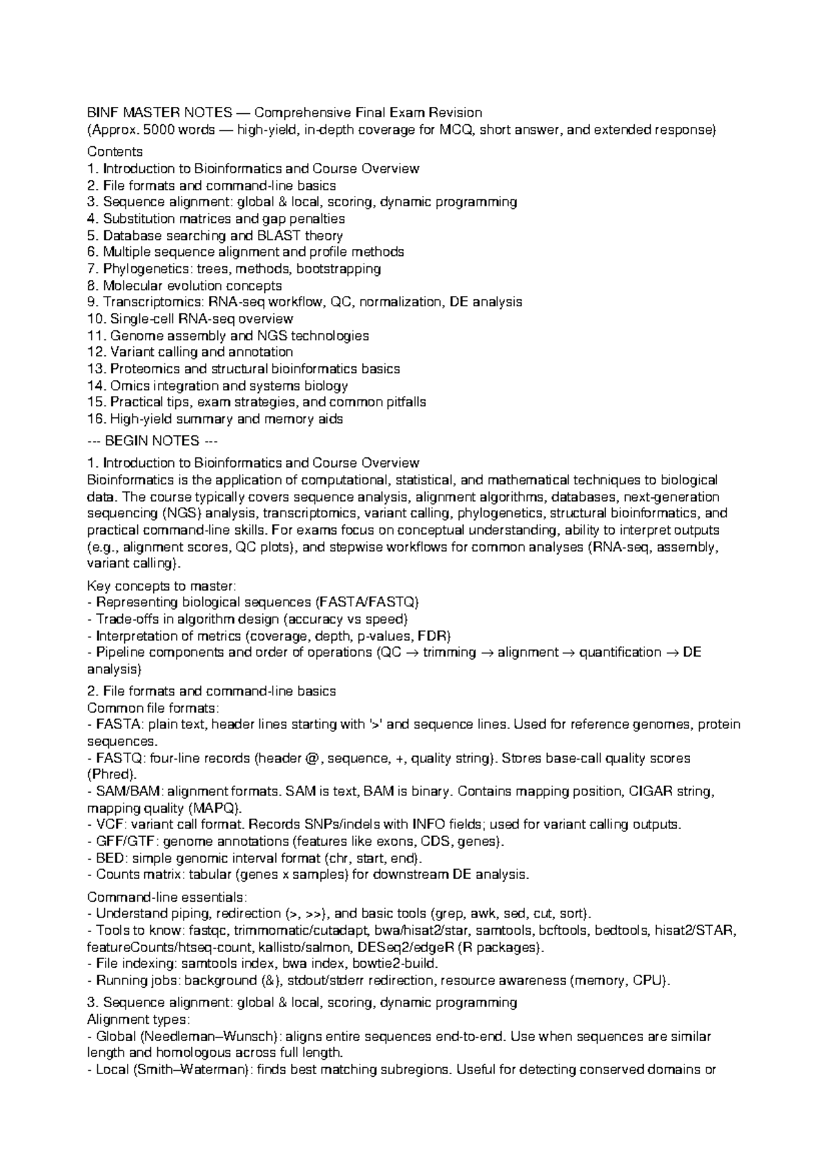 BINF 501 Comprehensive Final Exam Revision Notes - Studocu