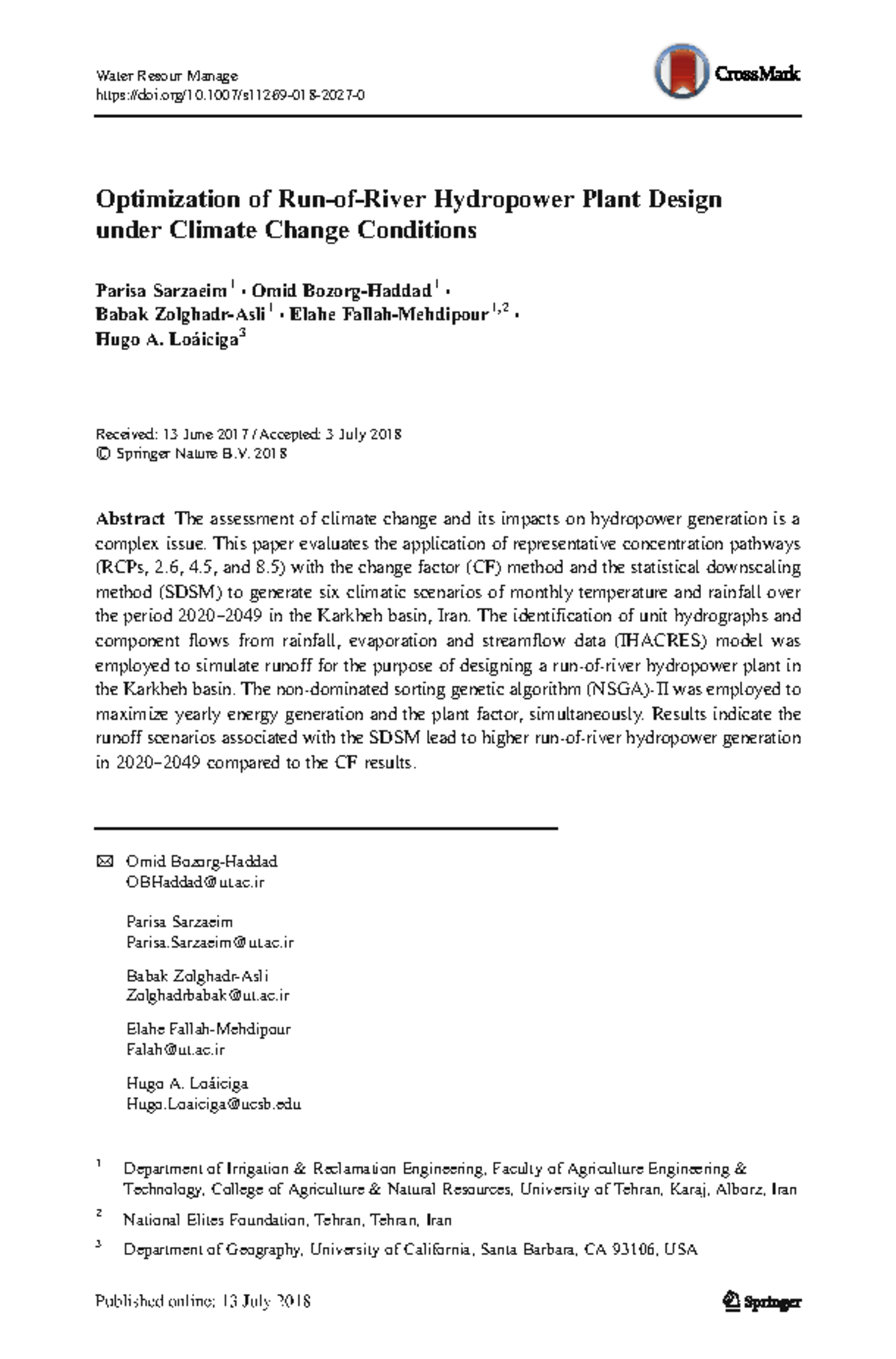 Optimization of Hydropower Plant Design under Climate Change (ENGR 101 ...