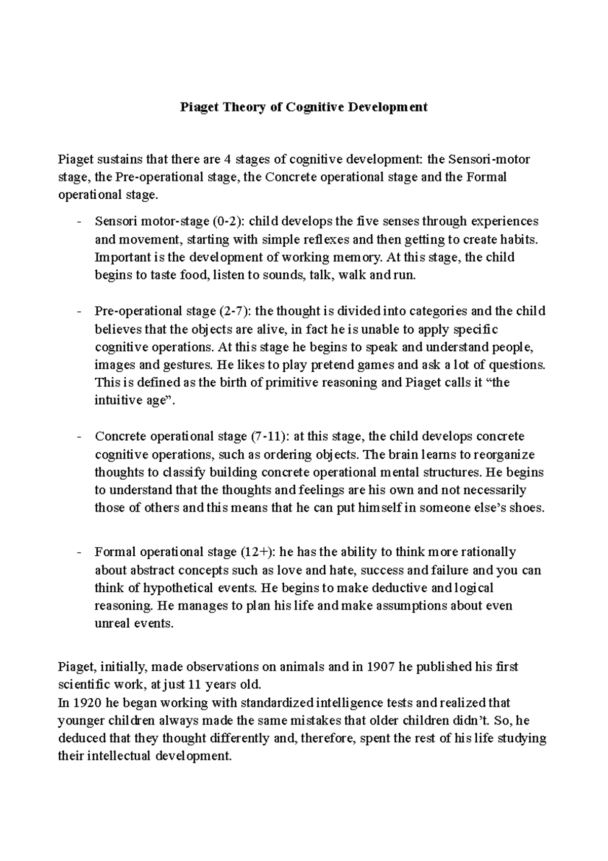 Piaget : Theory of Cognitive Development - Piaget Theory of Cognitive ...