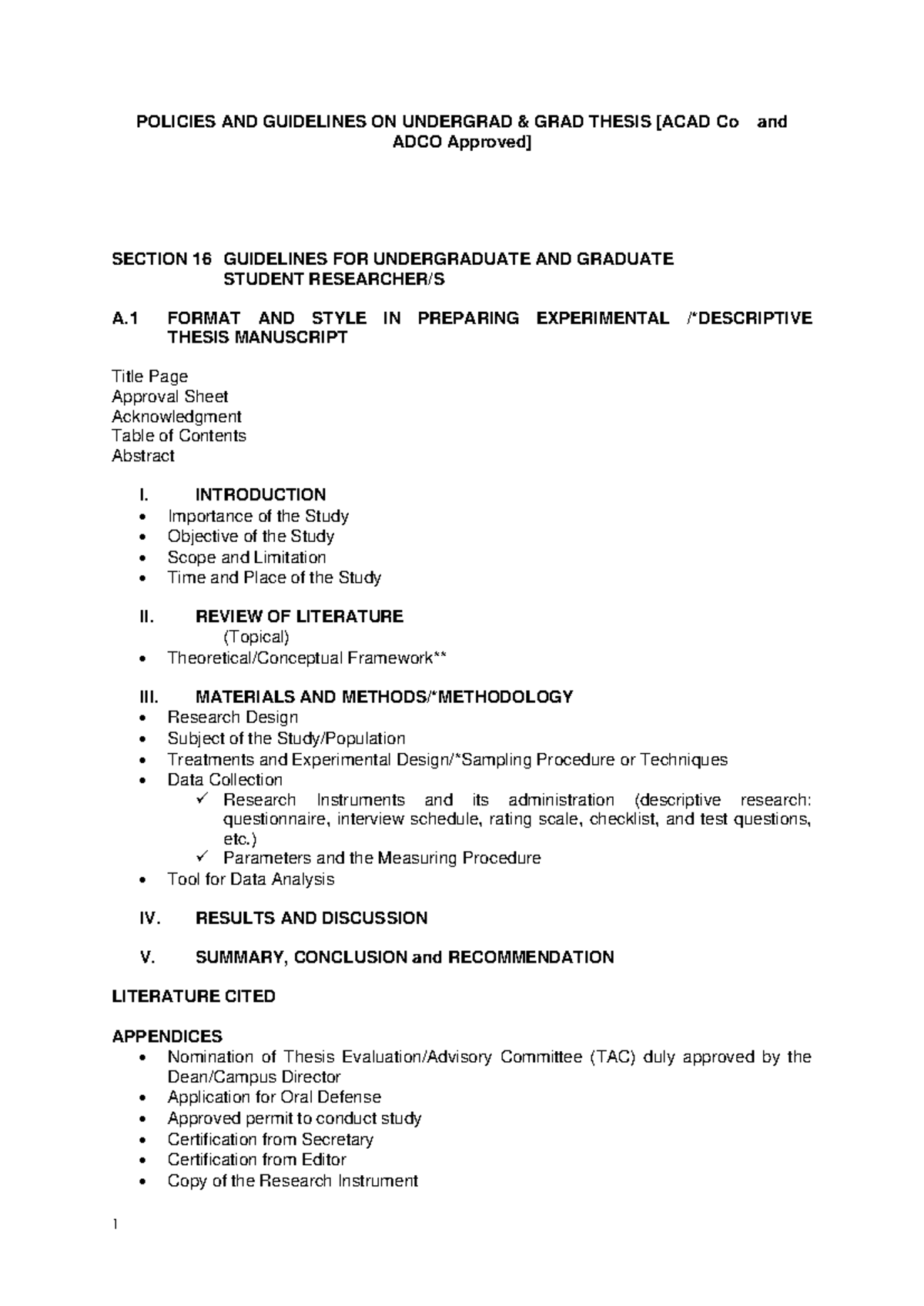 Policies and Guidelines for Undergrad/Grad Thesis (Acadco) - Studocu