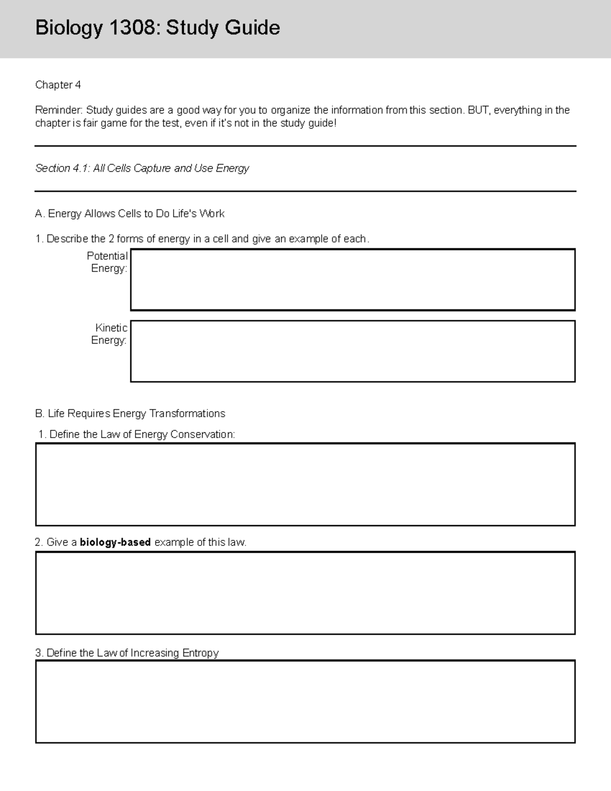 Biology 1308: Study Guide for Chapter 4 - Energy and Transport - Studocu