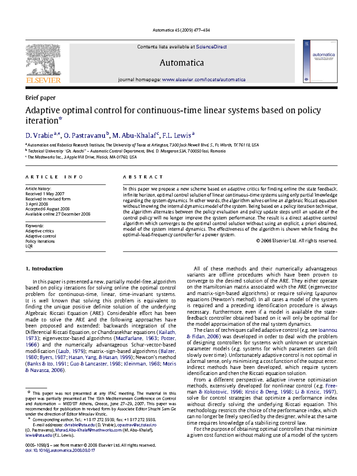 Adaptive Optimal Control for Linear Systems: Policy Iteration Approach ...