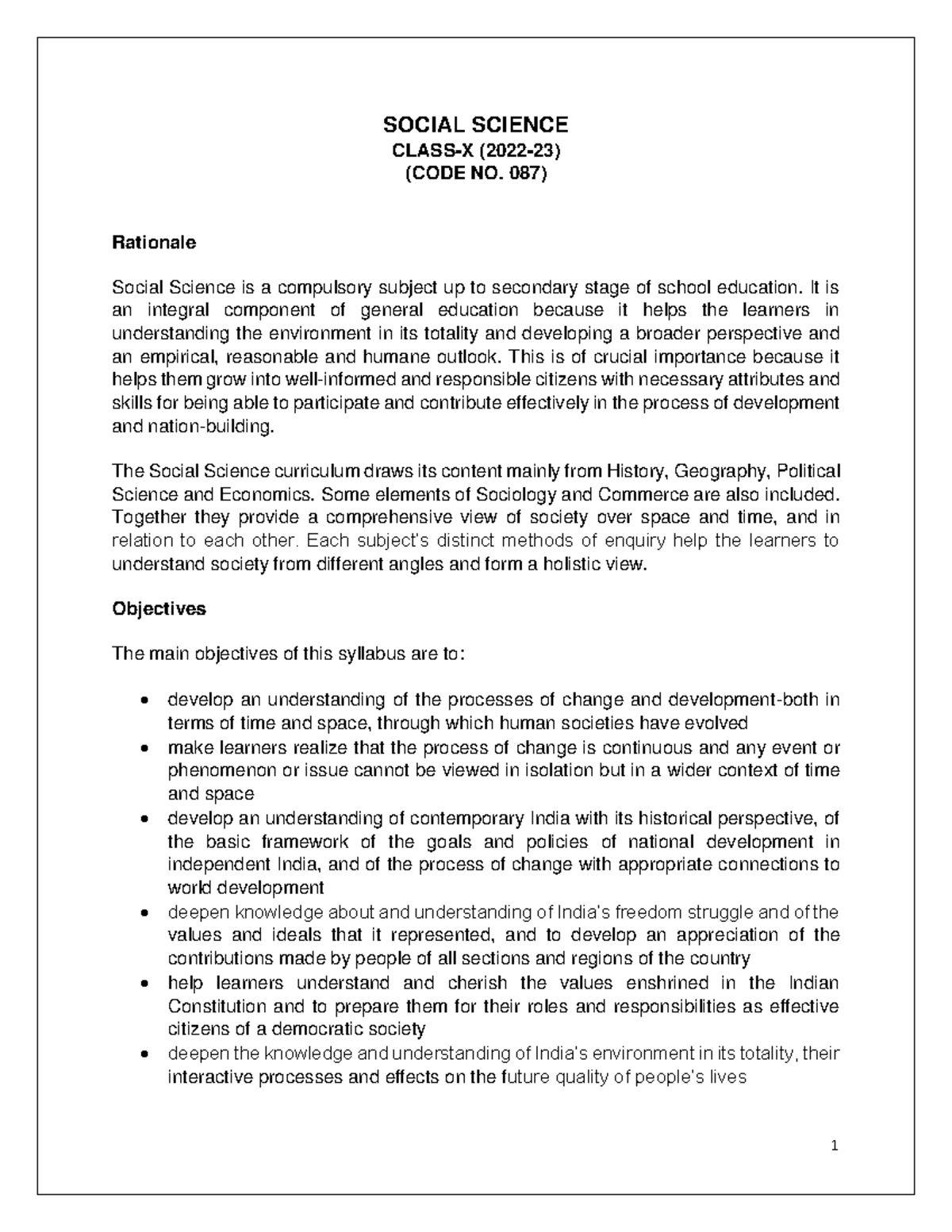 Social Science Syllabus Overview for Class X (2022-23, Code 087) - Studocu