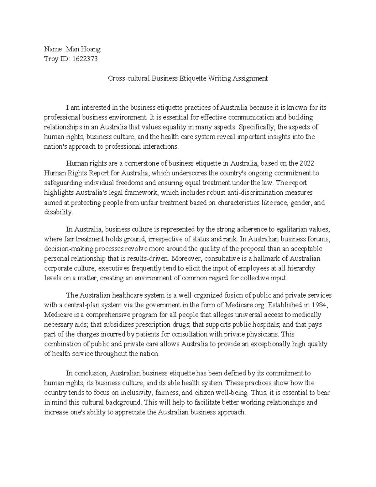 Man Hoang 1622373 Crodss-cultural Business Etiquette Writing Assignment ...