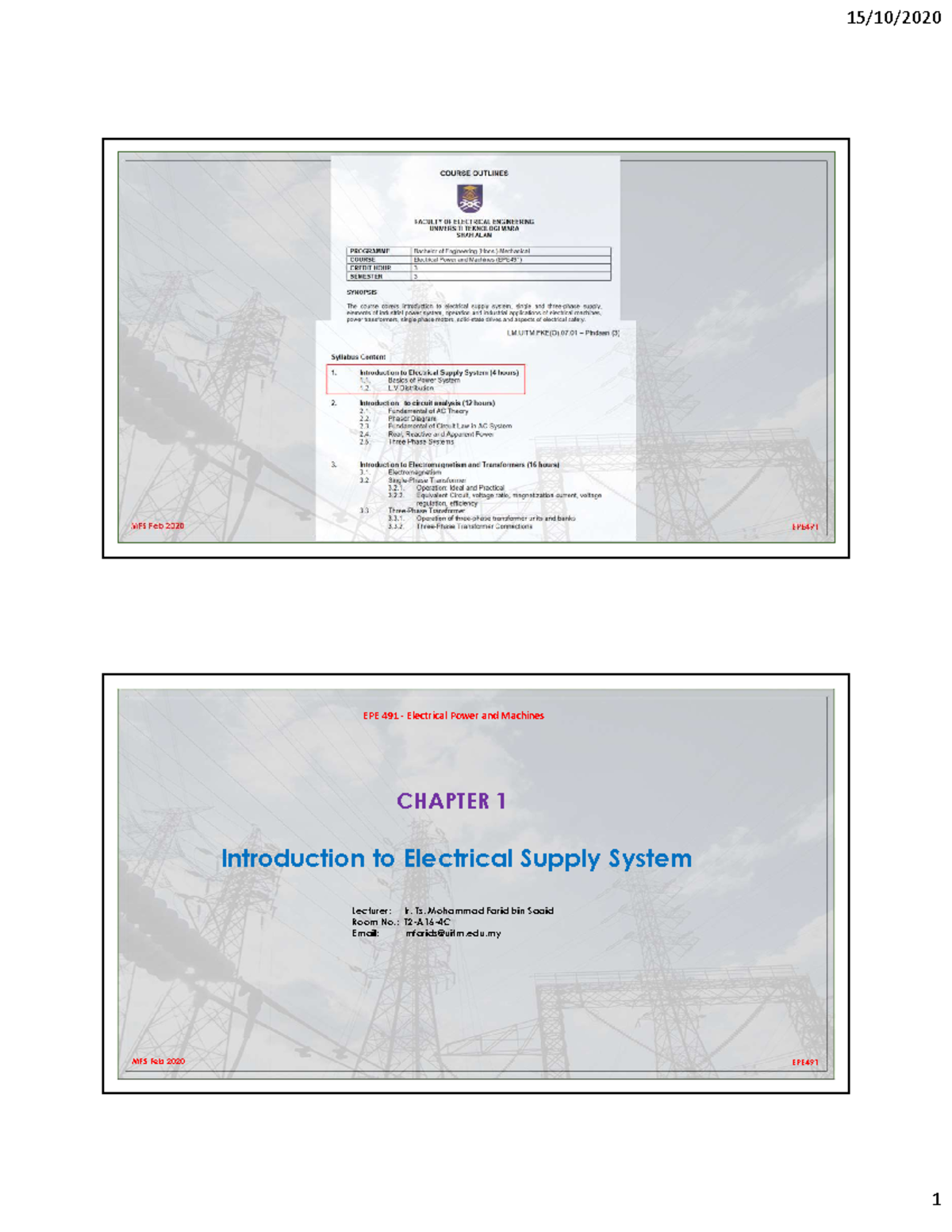 EPE 491 Chapter 1: Introduction to Electrical Supply System - Studocu
