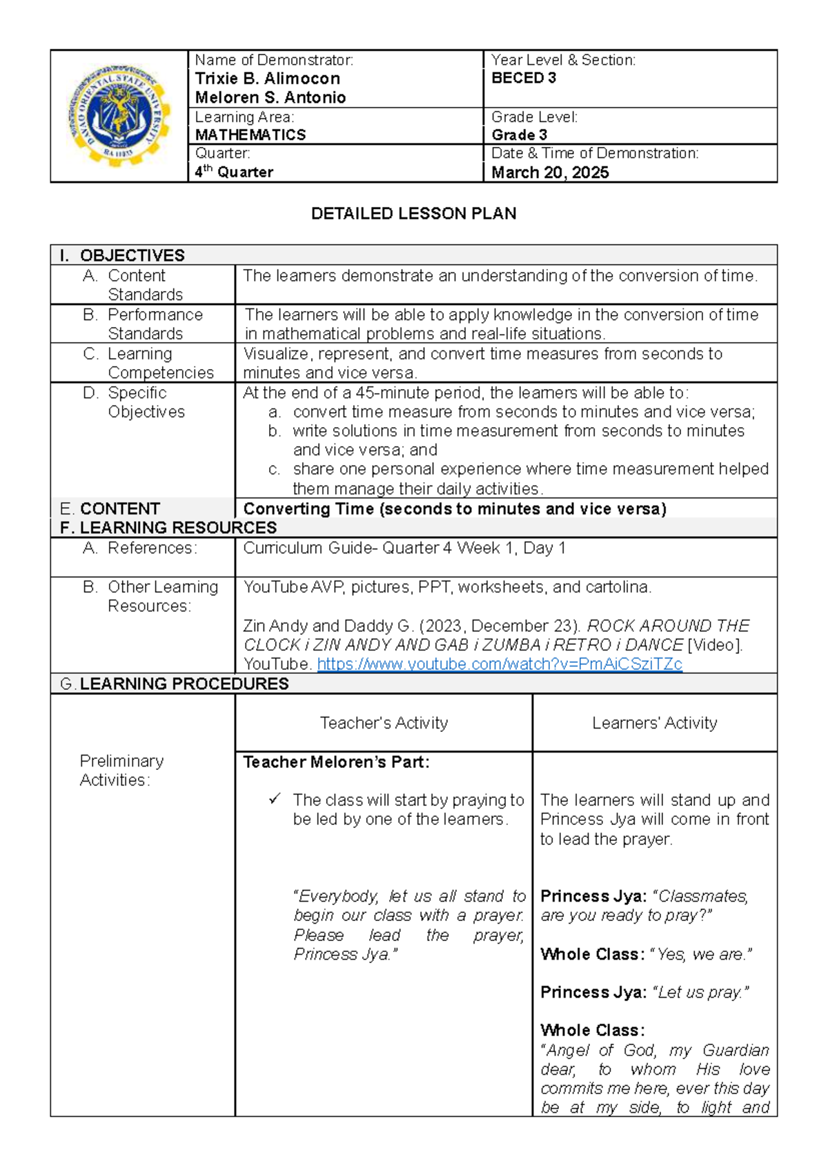 Lesson plan in mathematics for grade 3 - Name of Demonstrator: Year ...