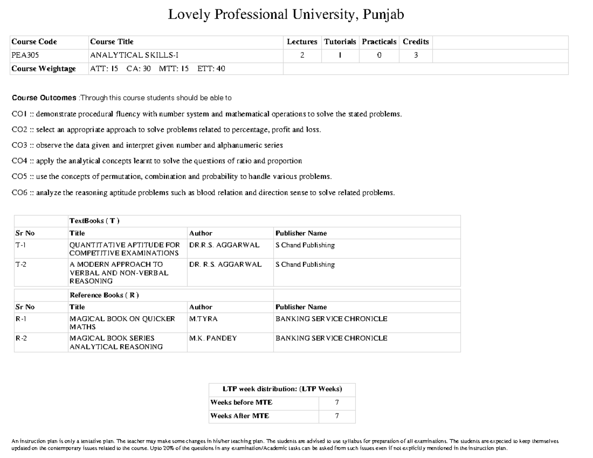 PEA305 Analytical Skills-I: Course Overview and Learning Objectives ...