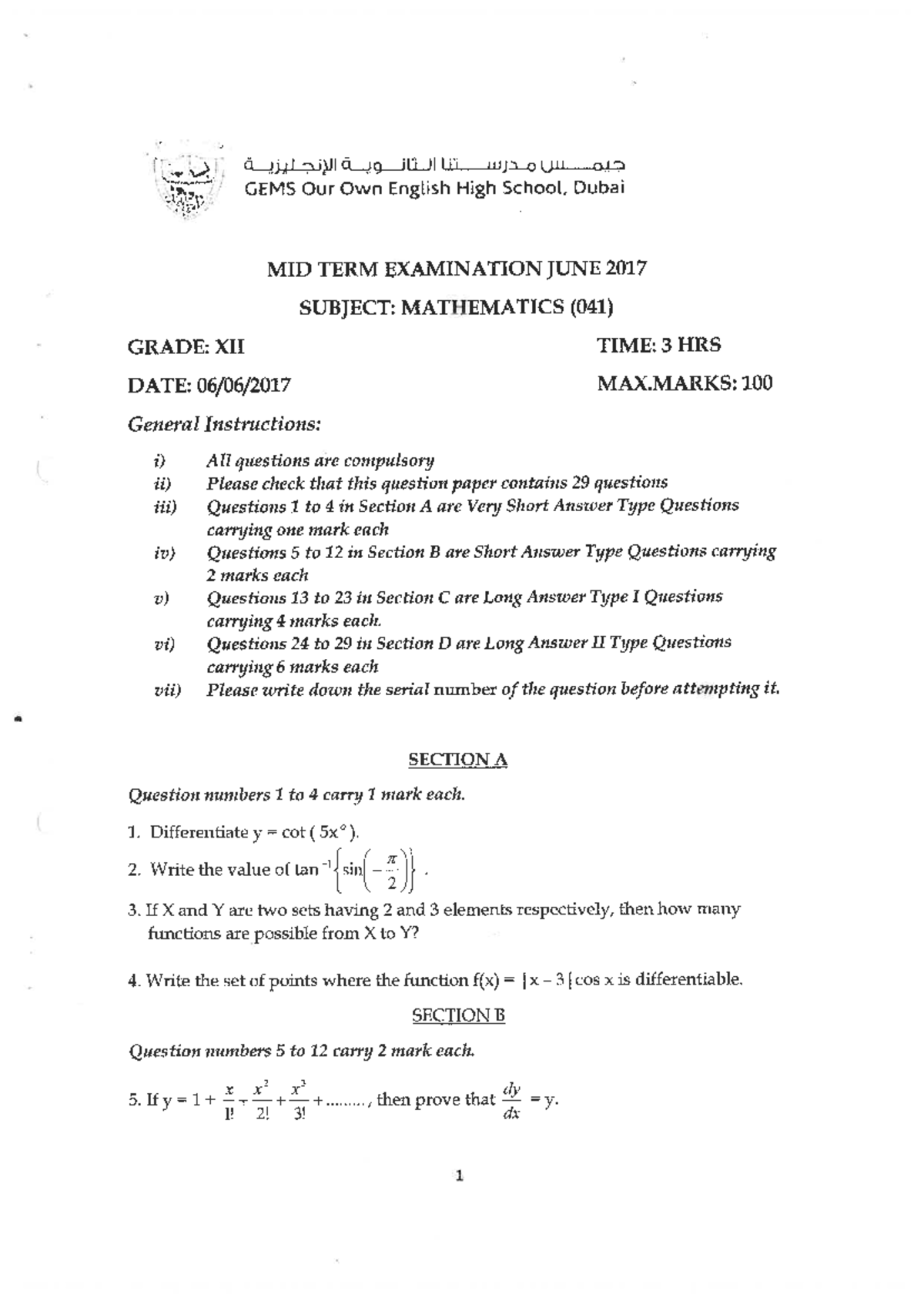 Mathematics GRADE 12 - Midterm Exam Study Guide - Studocu