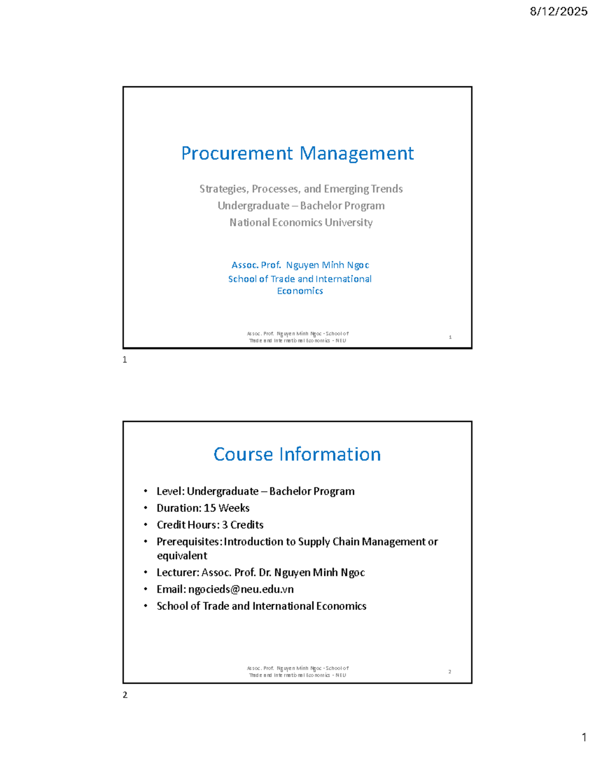Procurement Management Strategies: Course Overview NEU 1 - Studocu