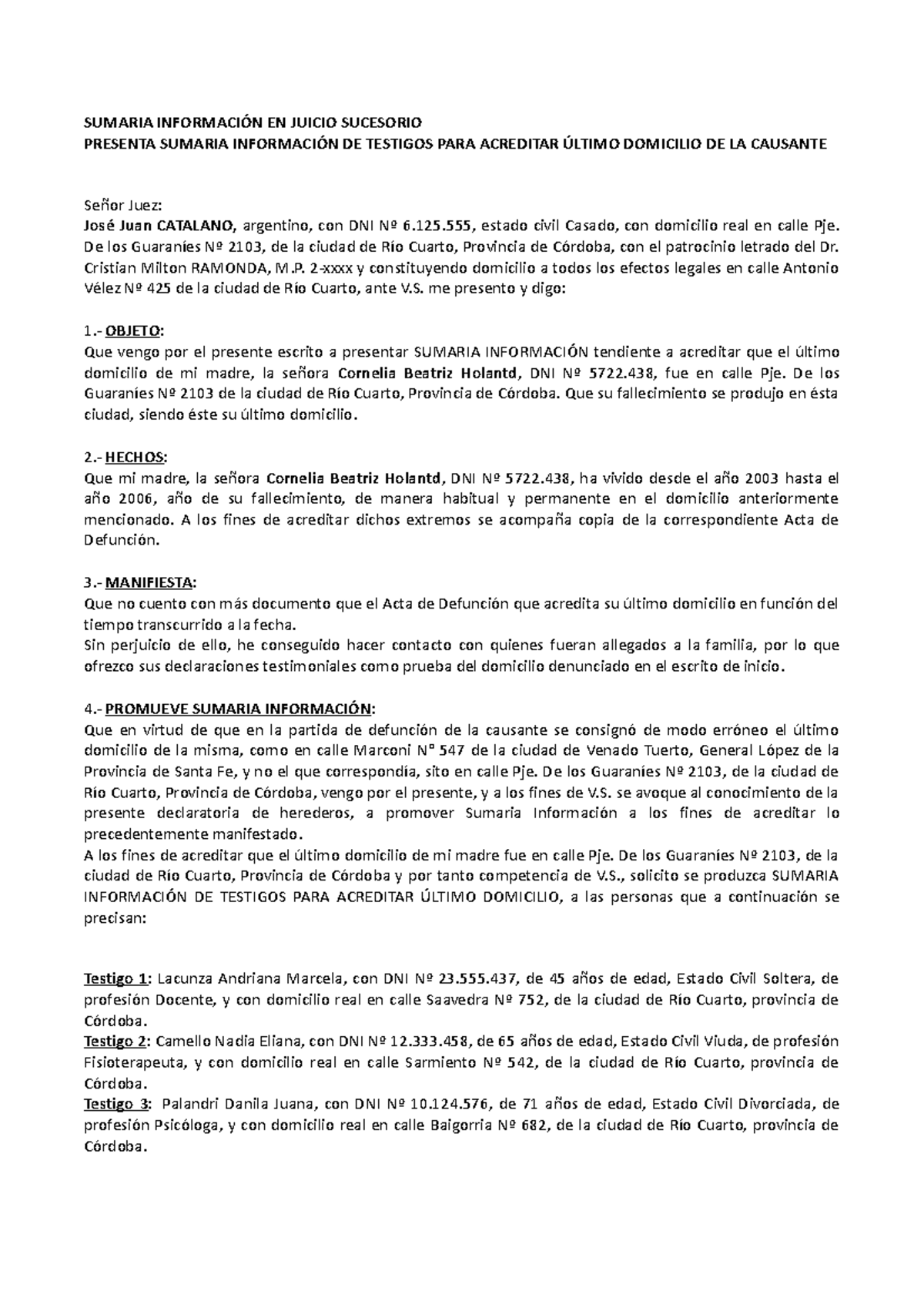 Modelo de Sumaria Información para Juicio Sucesorio - Testigos - Studocu