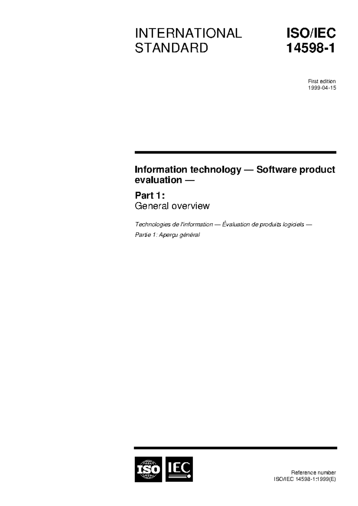 ISO/IEC 14598-1:1999(E) - Overview of Software Product Evaluation - Studocu