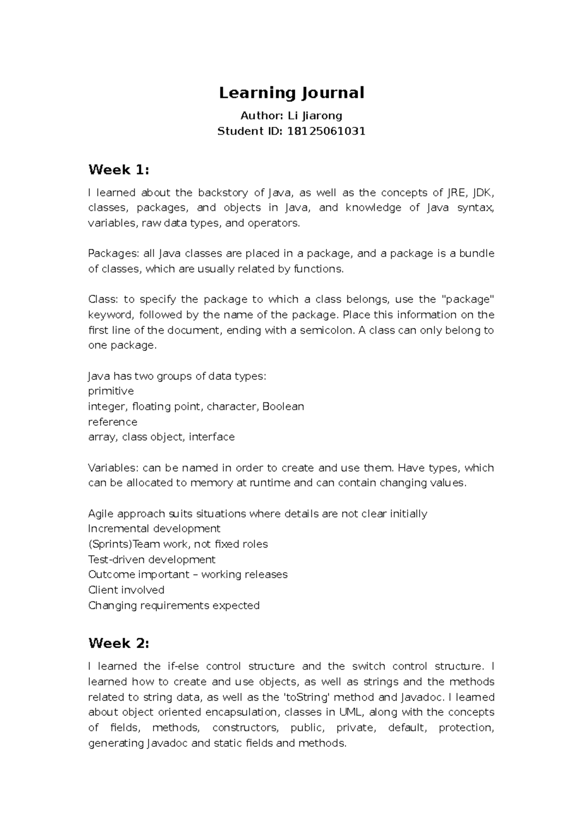 18125061031 ITECH2306 Learning Journal: Key Java Concepts & Techniques ...