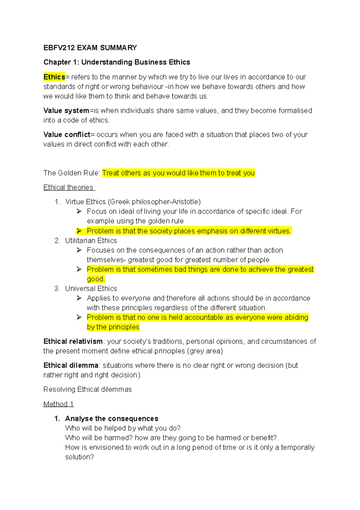 EBFV212 FINAL EXAM SUMMARY: Business Ethics Concepts and Theories - Studocu