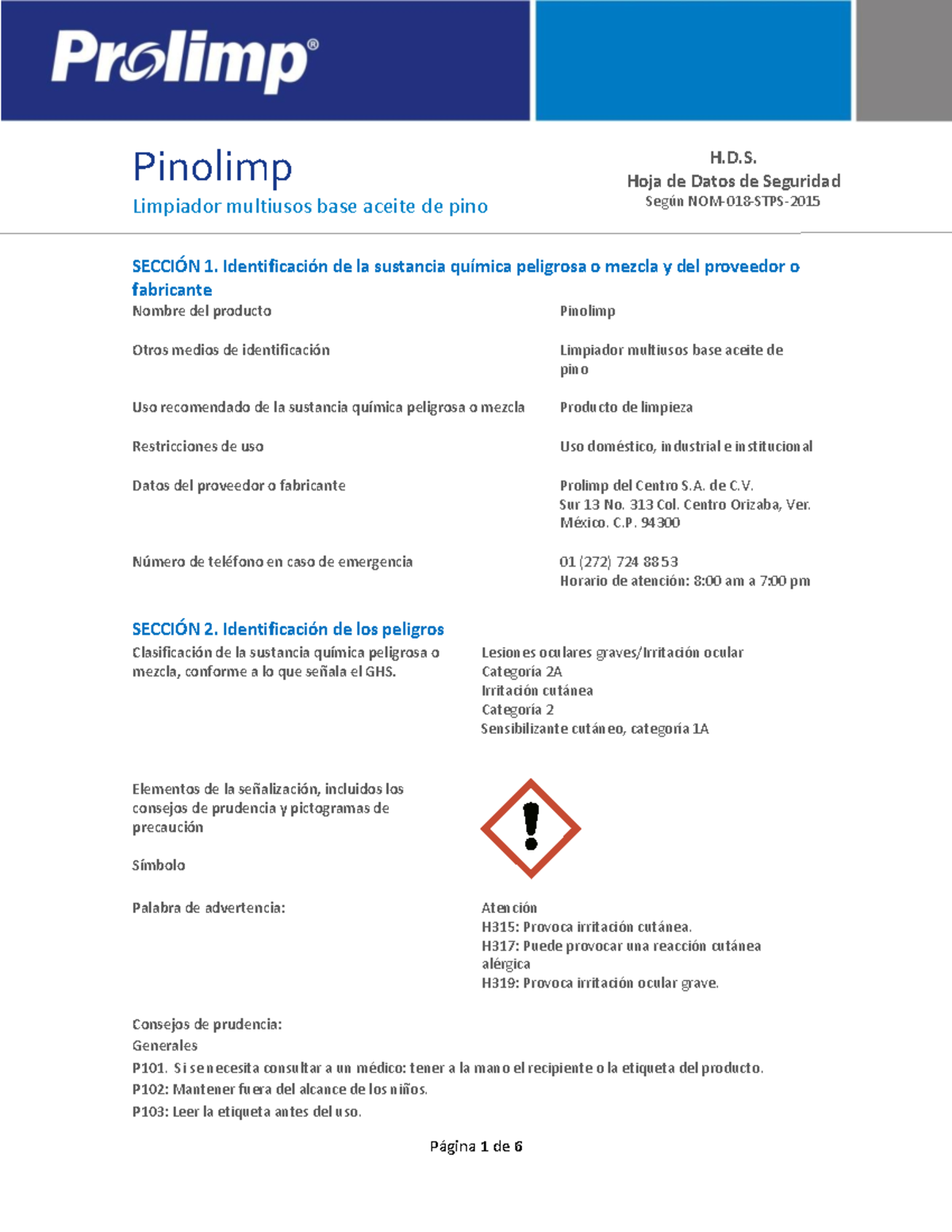 Hoja de Datos de Seguridad de Pinolimp según NOM-018-STPS-2015 - Document Preview