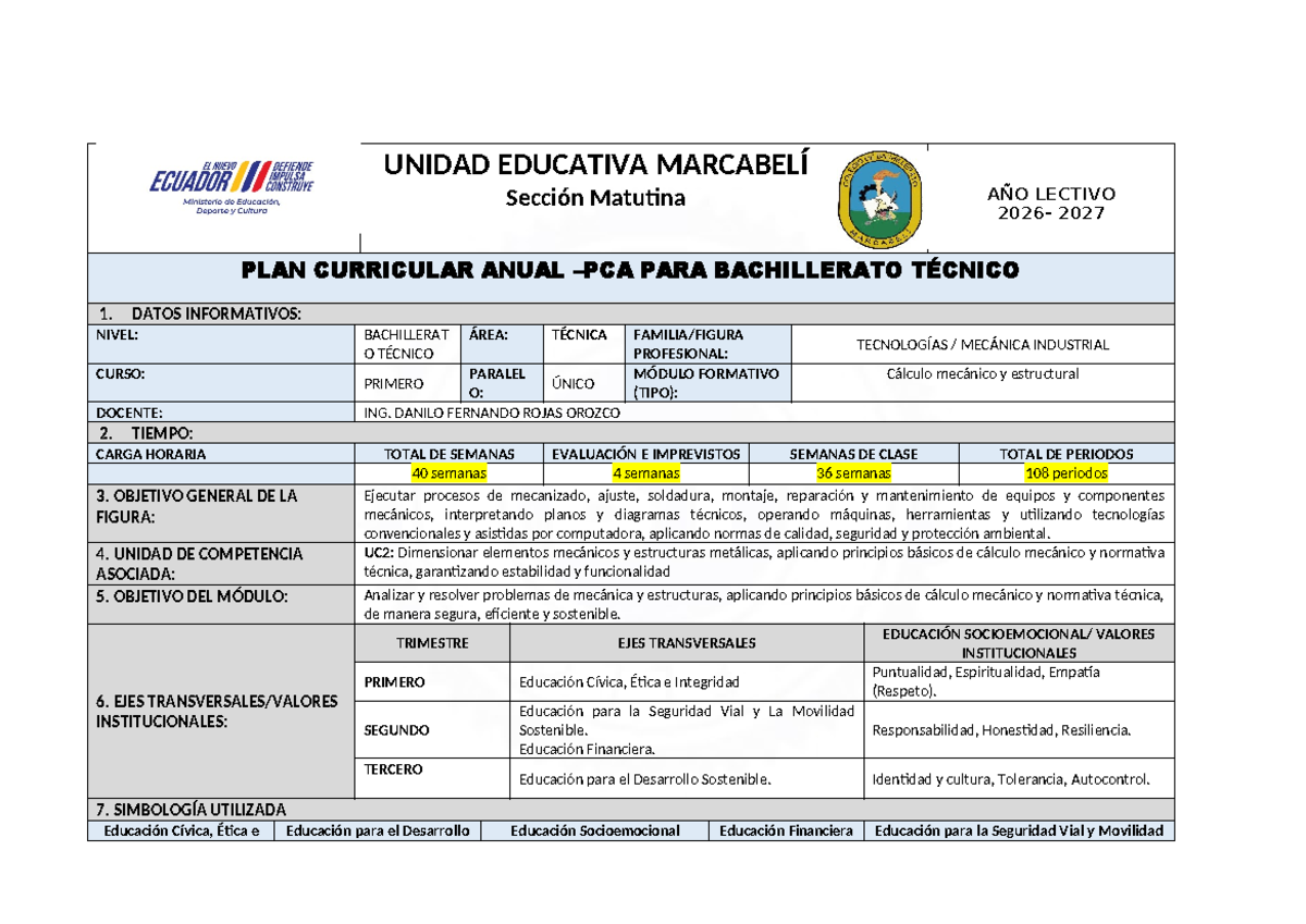 Modelo PCA Cálculo Estructural 1ro - Plan Curricular Anual 2027 - Document Preview