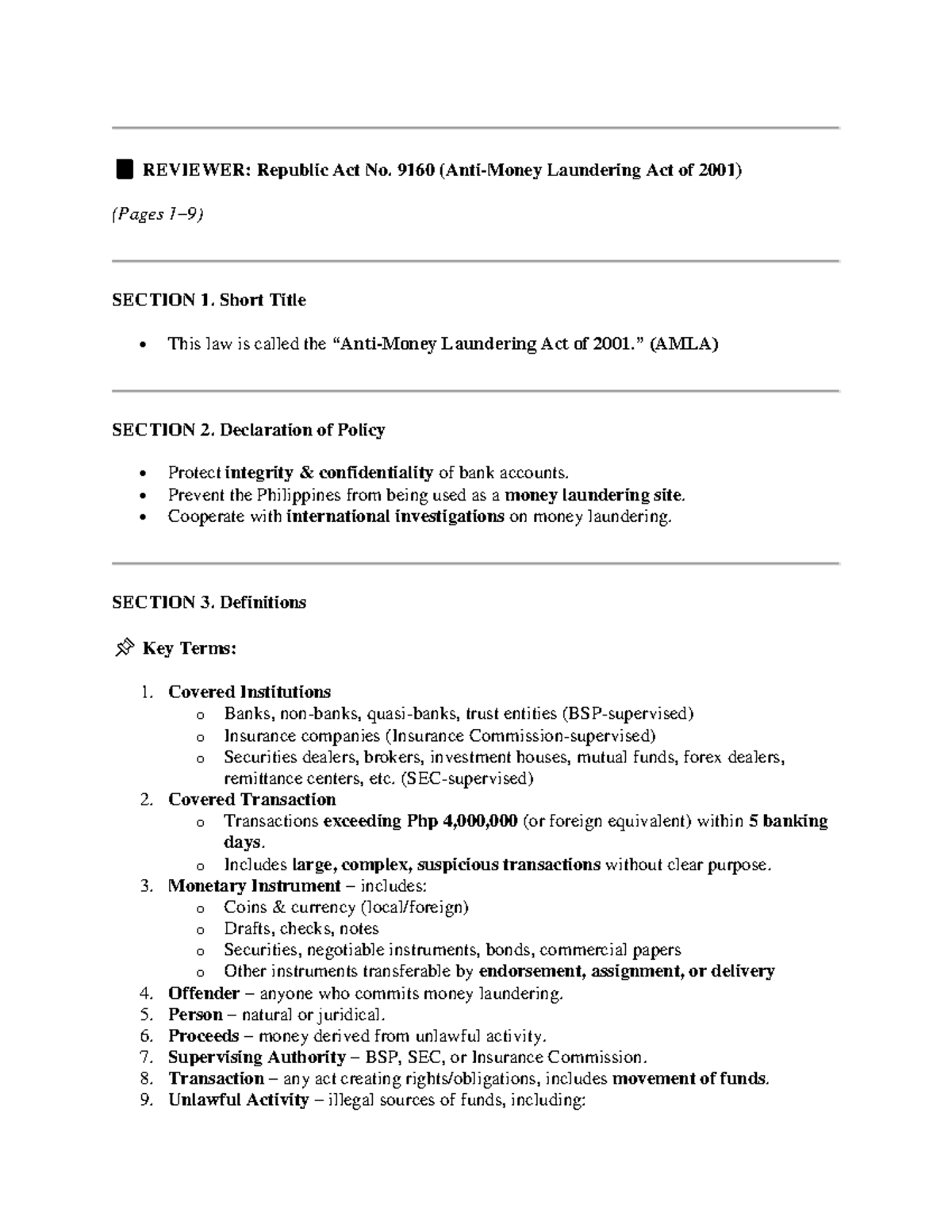 AMLA 2001 Reviewer: Key Provisions and Definitions of the Laundering ...