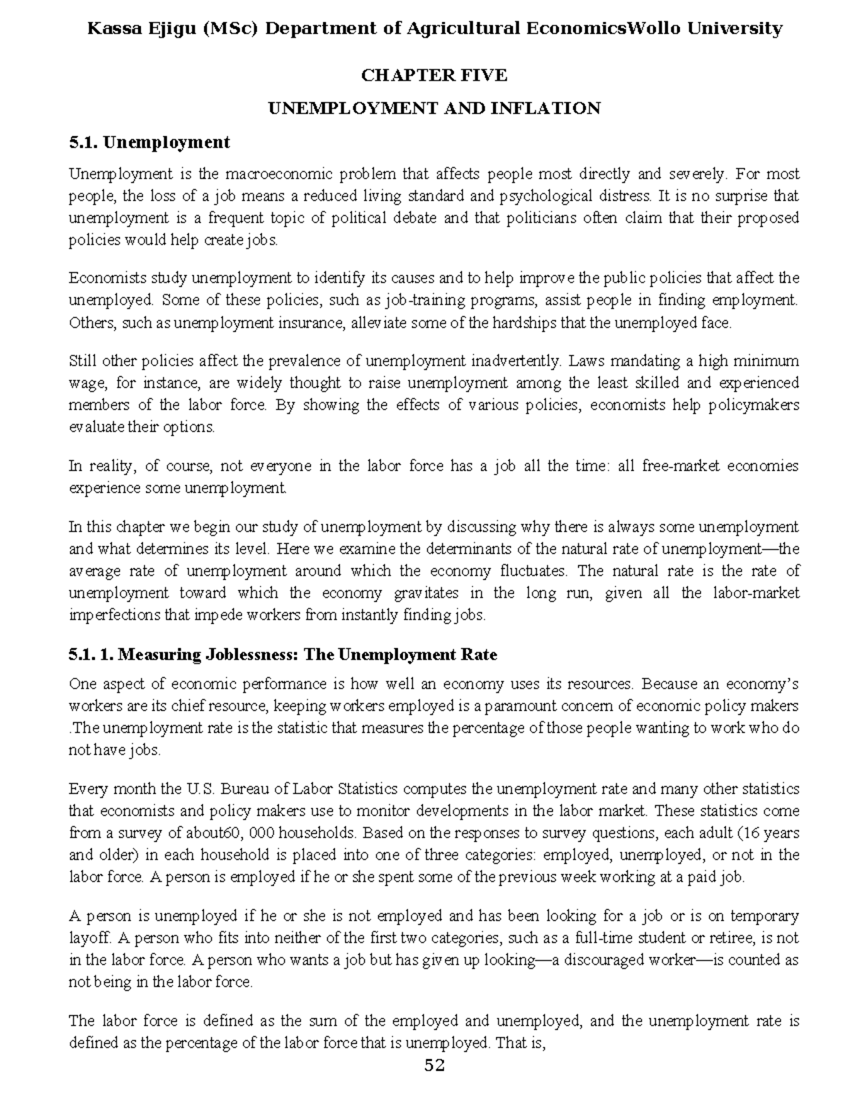 Chapter 5. Unemployment and Inflation - CHAPTER FIVE UNEMPLOYMENT AND ...