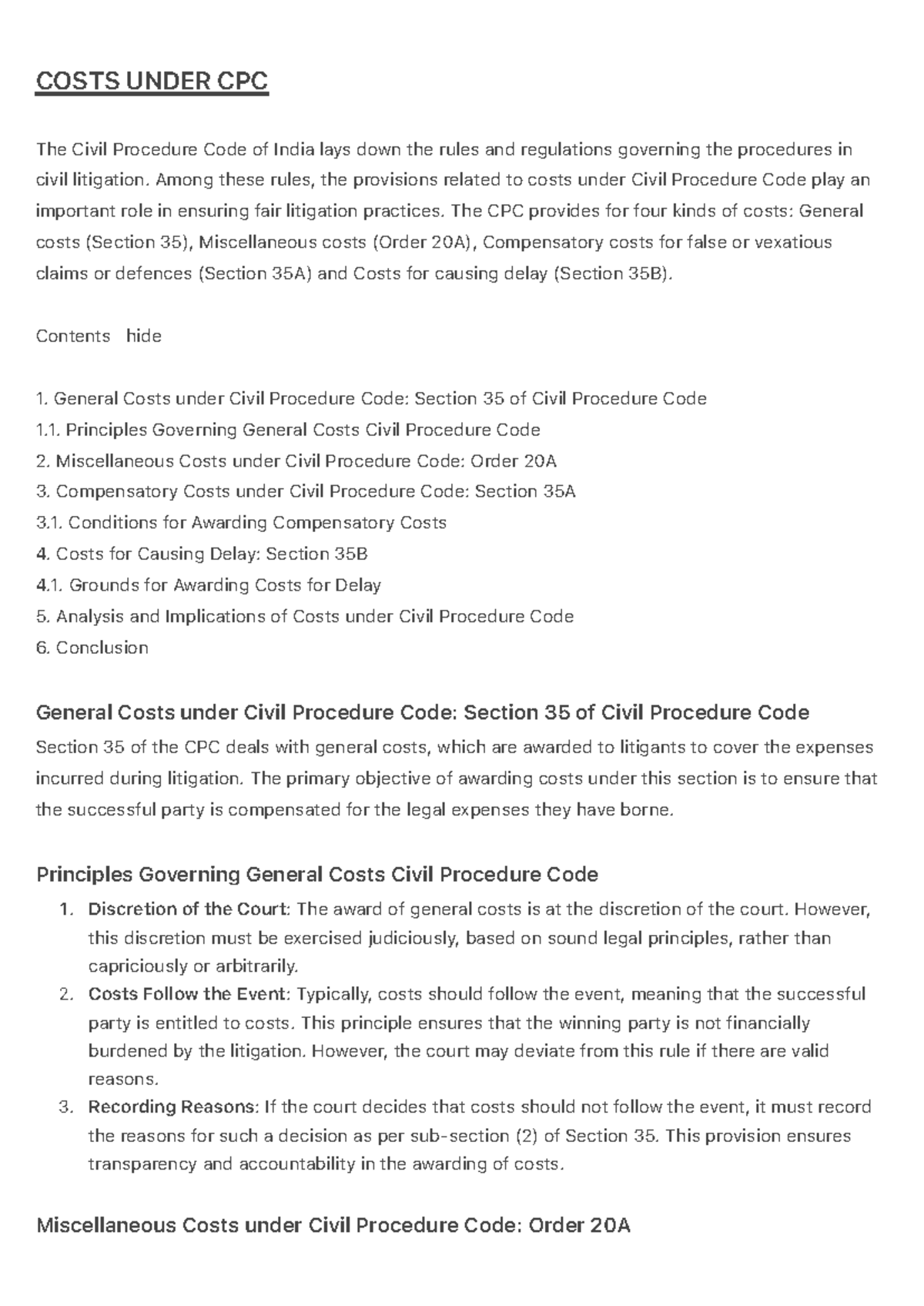 CPC 2023: Understanding Costs in Civil Procedure Code of India - Studocu