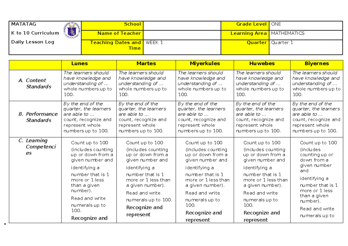 MATH-W2 - Matatag Grade 1 Math Daily Lesson Log Week 1 - Studocu