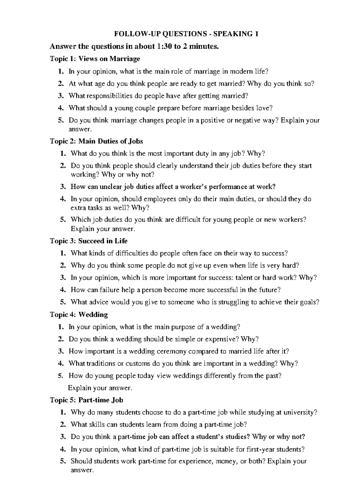 Follow-Up Questions for Speaking: Marriage, Jobs, and Life - Studocu