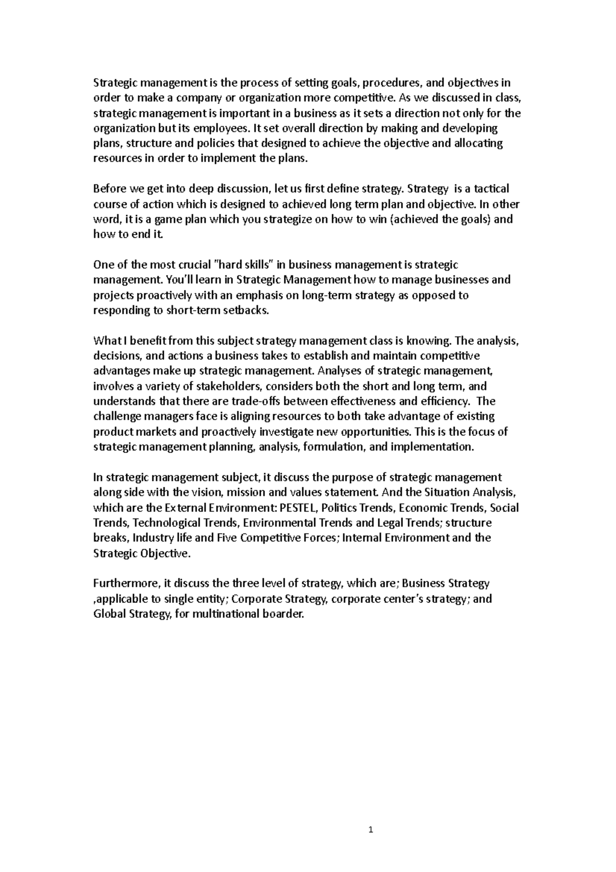 Reflection Paper on Strategic Management - CBM121 - Studocu