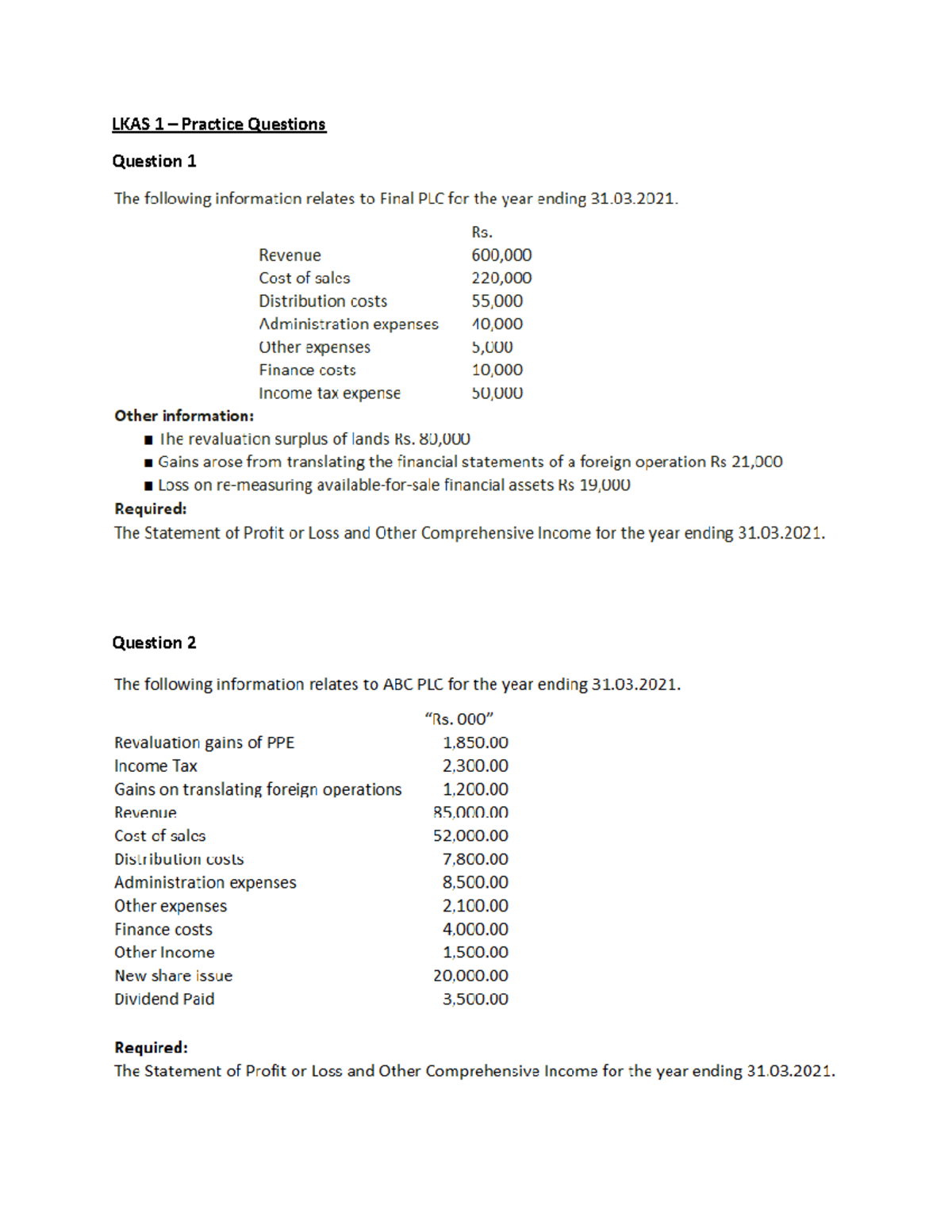 Lesson 01 - LKAS 1 - Final Practice Questions for Profit or Loss - Studocu