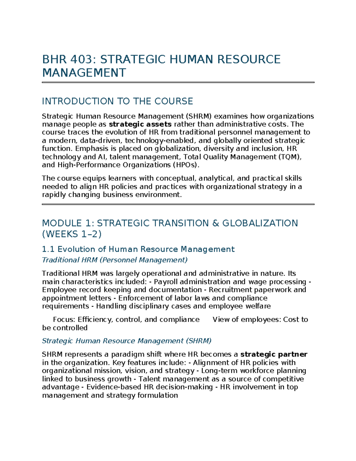 BHR 403: Comprehensive Notes on Strategic Human Resource Management ...