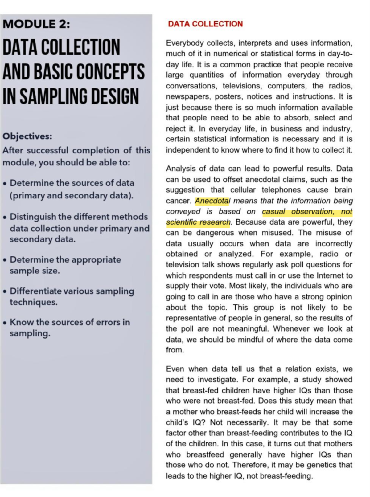 DATA COLLECTION MODULE 2: Understanding Sampling Design and Methods ...