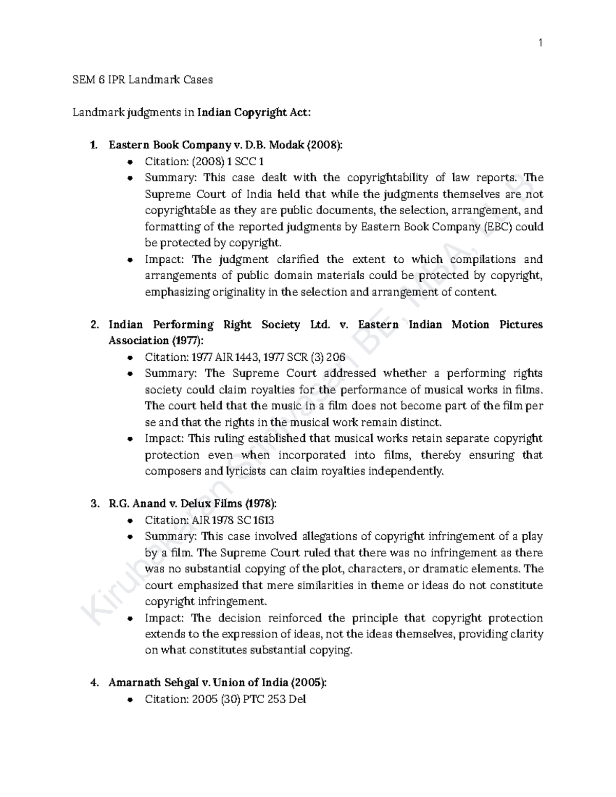 SEM 6 IPR Landmark Cases: Key Judgments in Copyright and Patents - Studocu