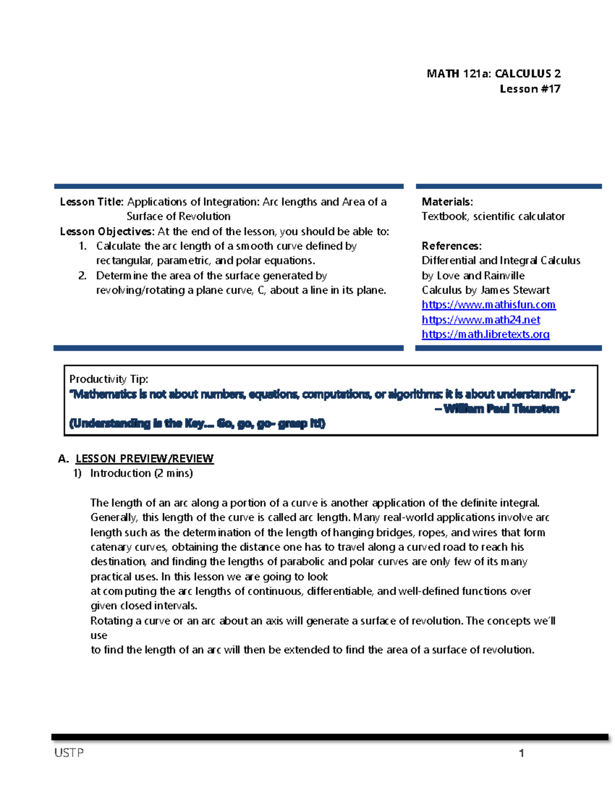 MATH 121a: CALCULUS 2 Lesson on Applications of Integration Techniques ...