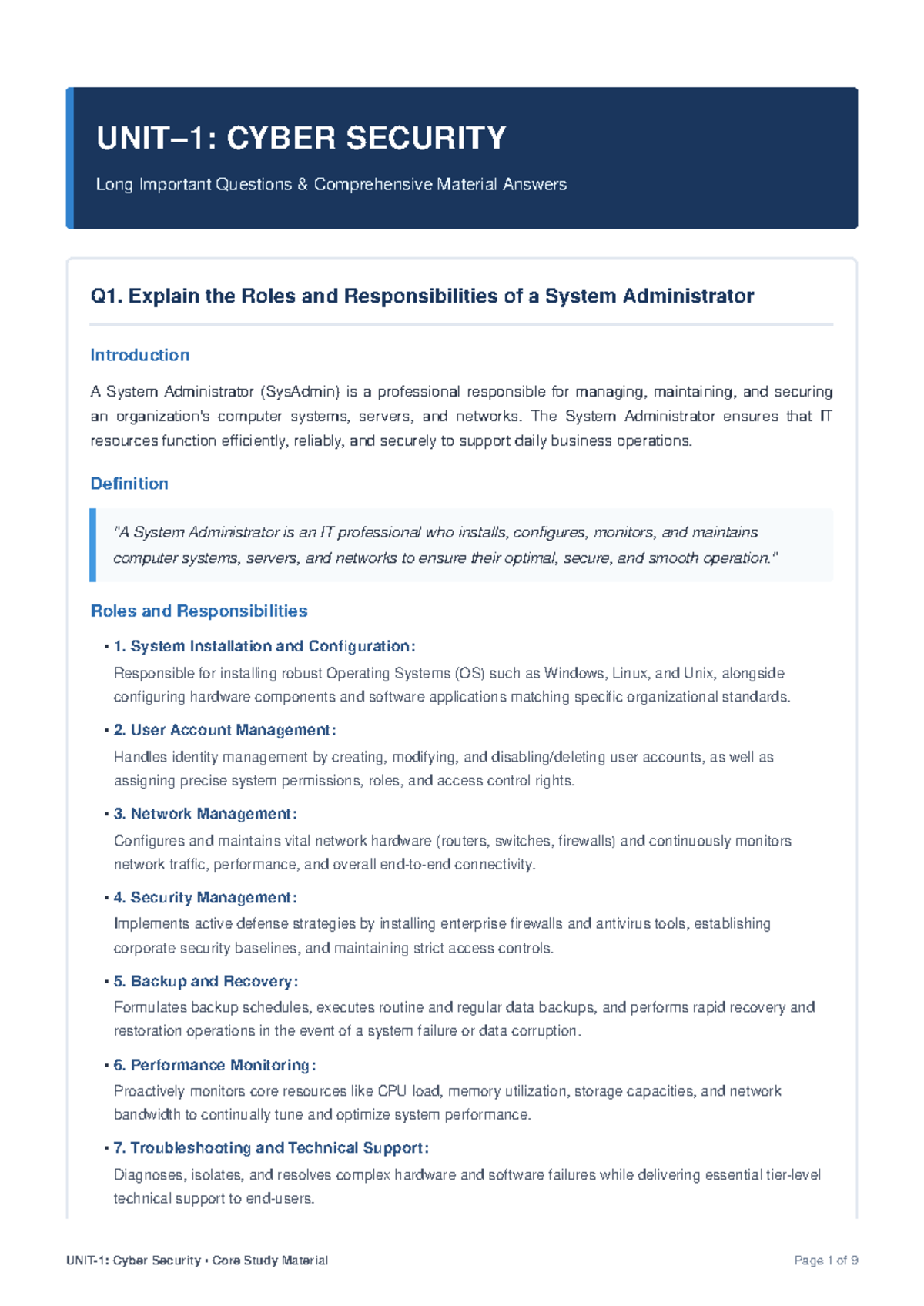 CYBER SECURITY Unit 1 Comprehensive Study Material and Key Questions ...