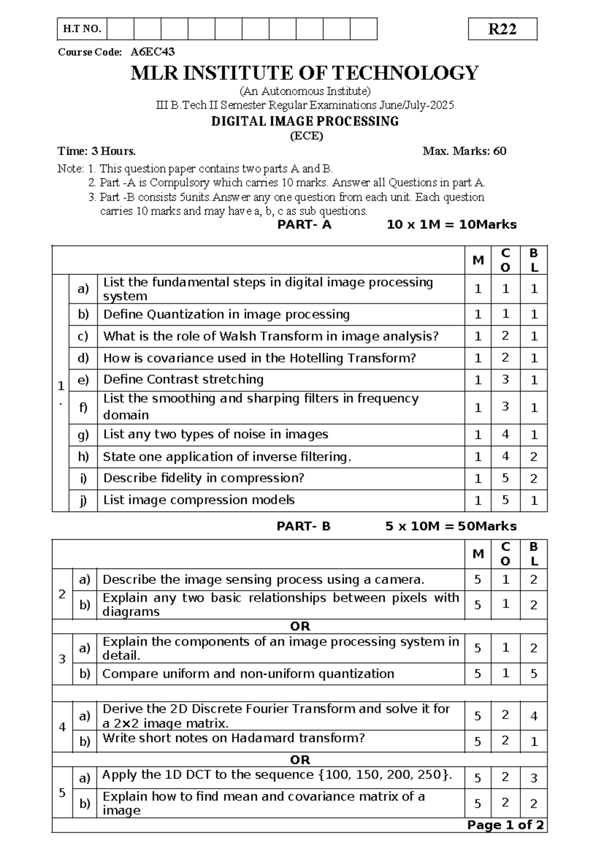 Digital Image Processing Exam Questions A6EC43 - Studocu