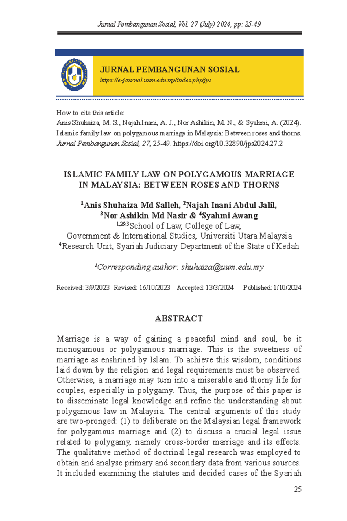 Islamic Family Law on Polygamous Marriage in Malaysia: A Critical ...