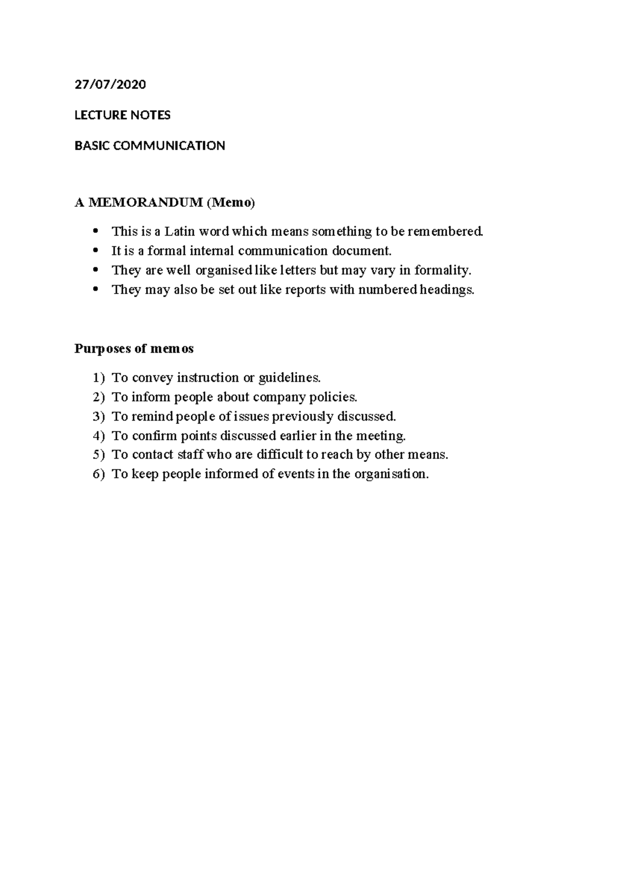 LECTURE NOTES: MEMORANDUM FORMAT & PURPOSE (COMM 101) - Studocu